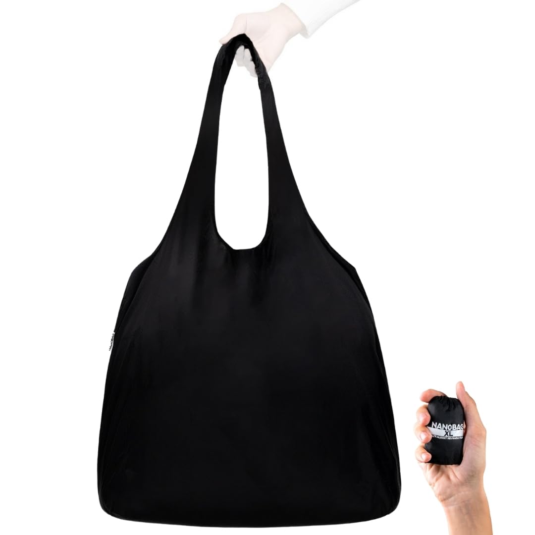 Nanobag Ultra-Lightweight Foldable Tote for Women & Men, Reusable Grocery & Travel Bag, Packable Collapsible Compact Market Essential (Standard Black)