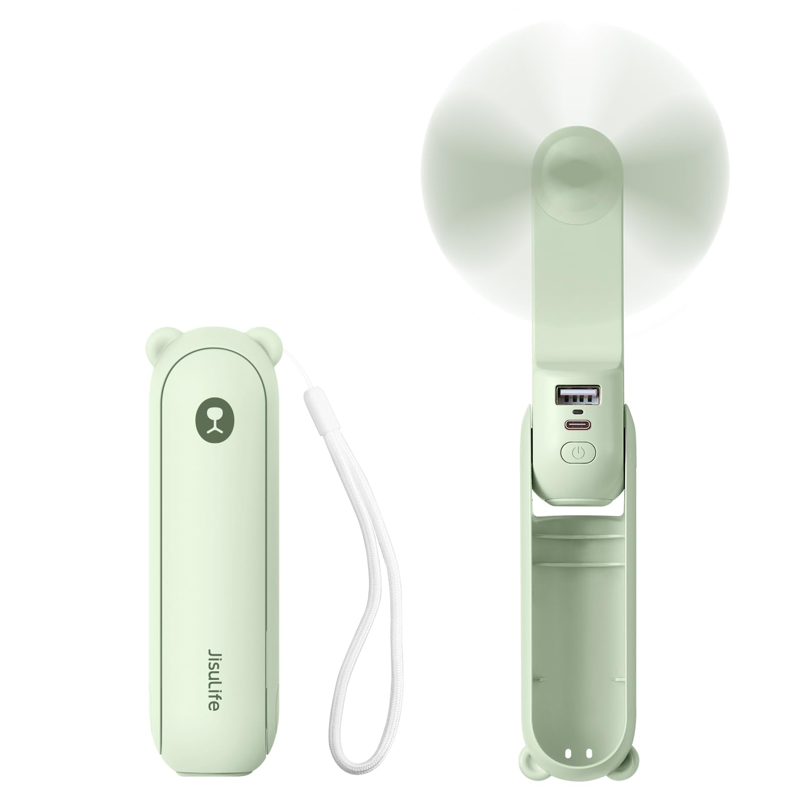 JISULIFE Handheld Mini Fan, 3 IN 1 USB Rechargeable Portable Fan [12-19 Working Hours] with Power Bank, Flashlight, Pocket Design for Travel/Summer/Concerts/Lash, Gifts for Women(Green)