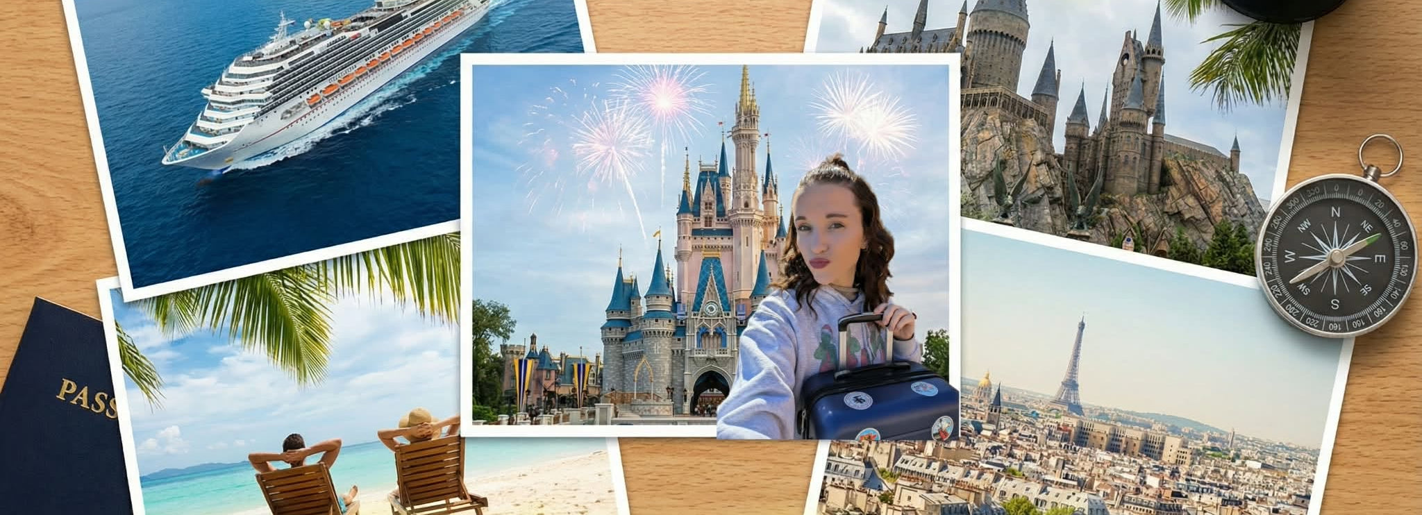 Collage of travel-related images with text 'Stop dreaming, start packing' on a wooden surface.