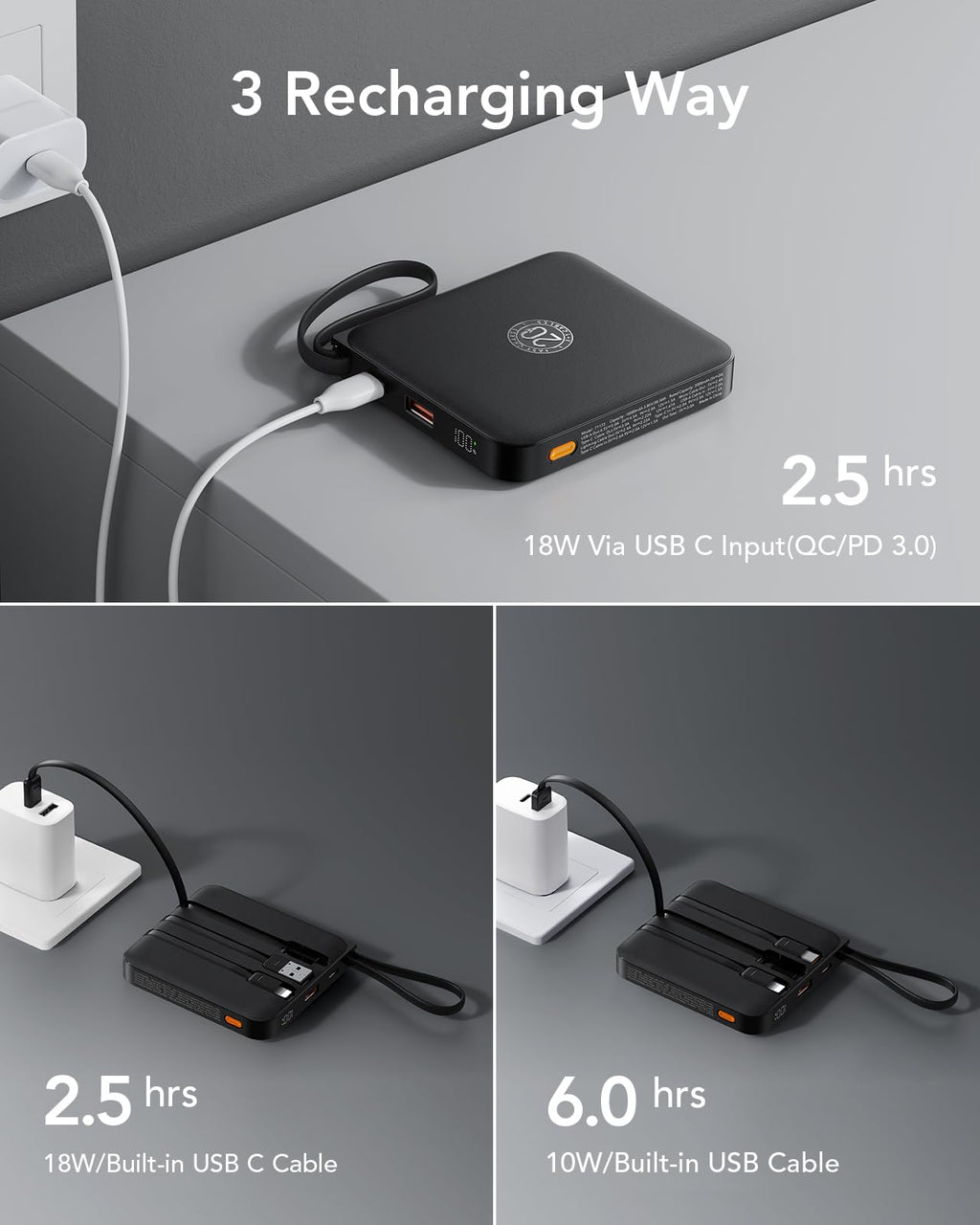 VRURC Portable Charger with Built-in Cable, 10000mAh 22.5W Fast Charging USB C Battery Pack, Cell Phone Power Bank for iPhone 17 16 15 Samsung Galaxy S25 S24 S23 Series Android Tablet, Black(1 Pack)