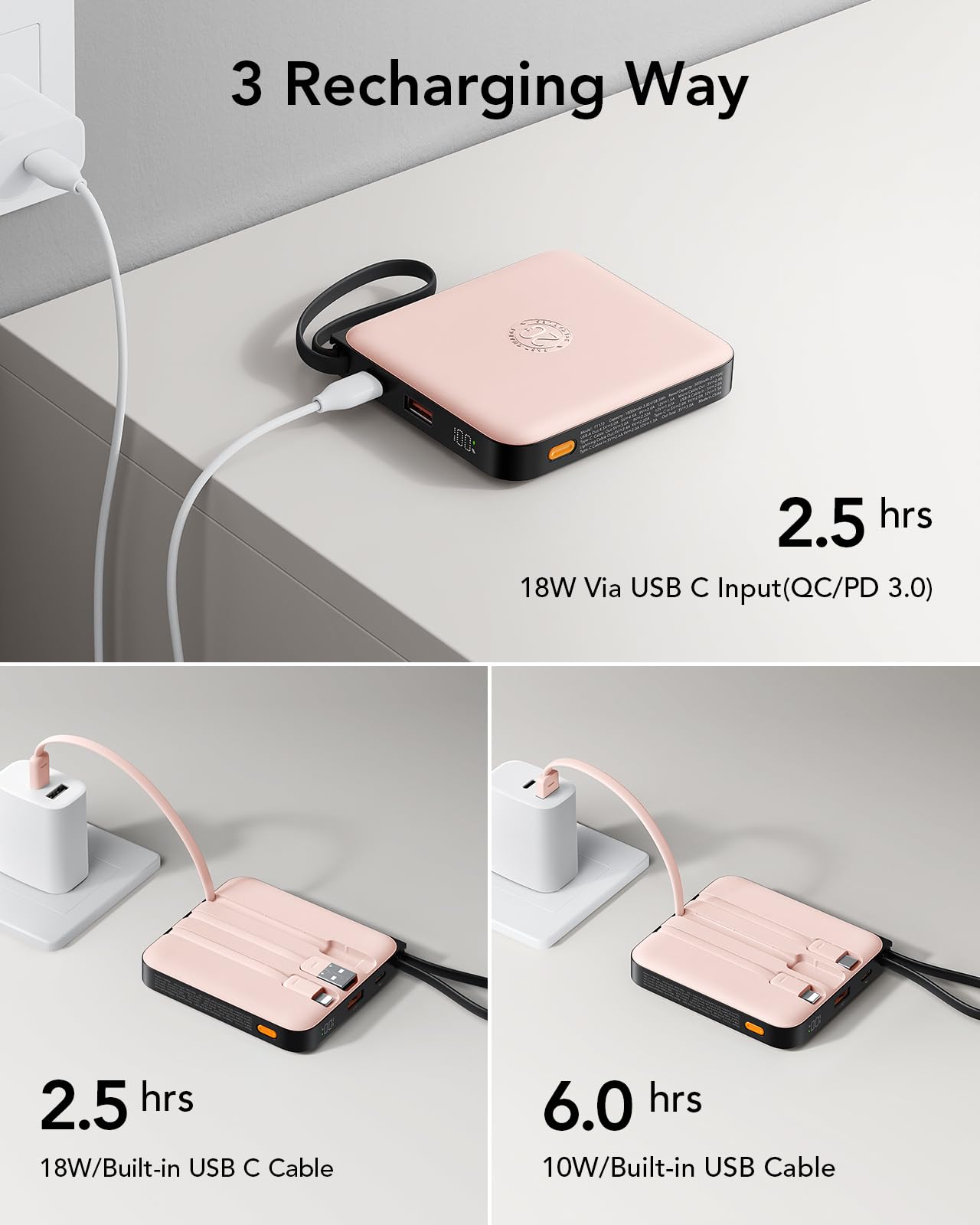 VRURC Portable Charger with Built-in Cable, 10000mAh 22.5W Fast Charging USB C Battery Pack, Cell Phone Power Bank for iPhone 17 16 15 Samsung Galaxy S25 S24 S23 Series Android Tablet, Black(1 Pack)