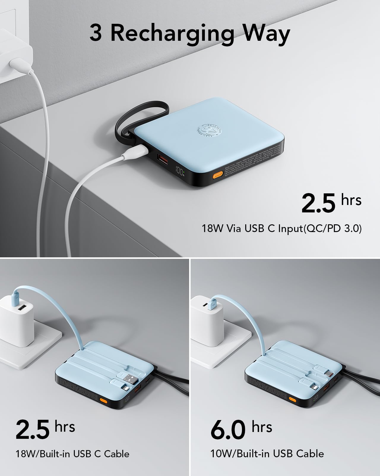 VRURC Portable Charger with Built-in Cable, 10000mAh 22.5W Fast Charging USB C Battery Pack, Cell Phone Power Bank for iPhone 17 16 15 Samsung Galaxy S25 S24 S23 Series Android Tablet, Black(1 Pack)