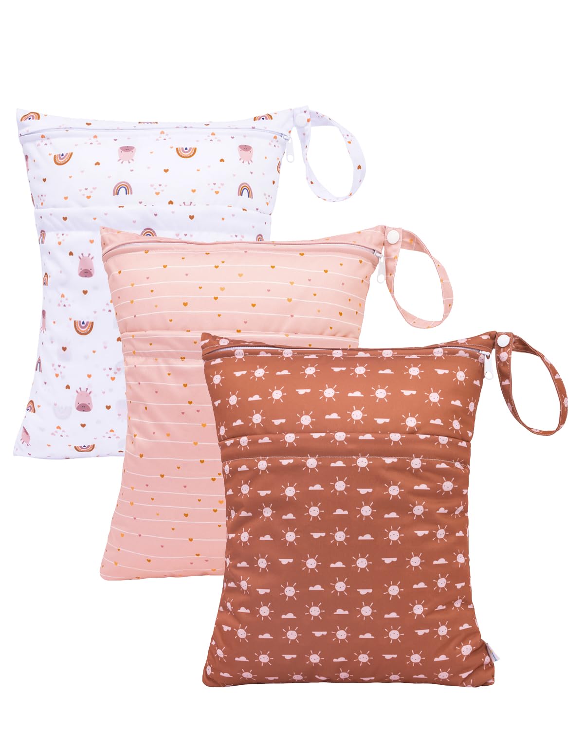 babygoal Wet Dry Bags 3 Pack, Waterproof Reusable Travel Bags for Swimsuits, Baby Cloth Diapers, Beach, Pool, Gym Bag & Wet Clothes with 2 Pockets L-BWG