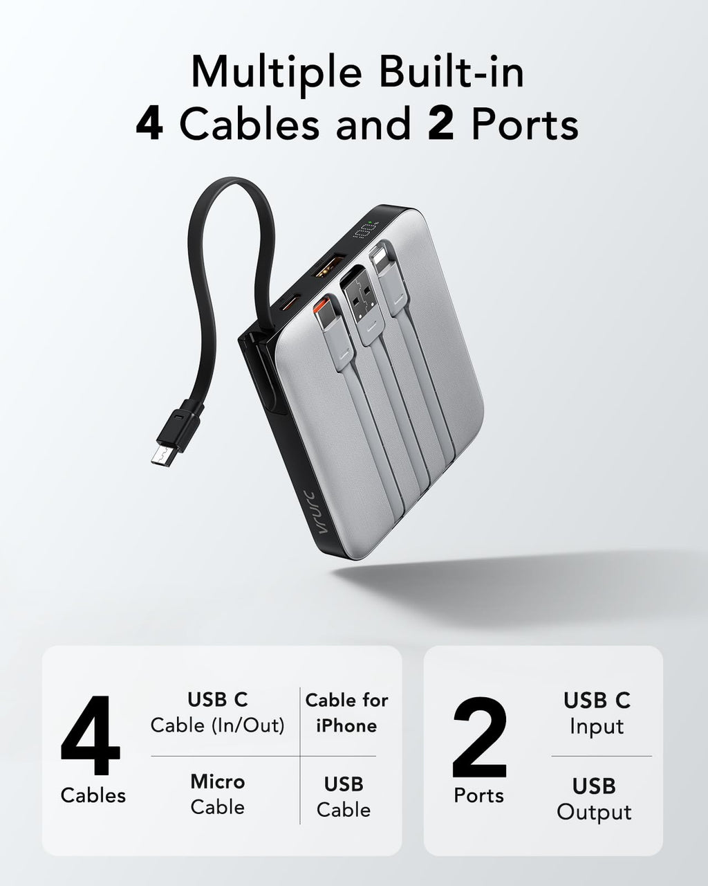 VRURC Portable Charger with Built-in Cable, 10000mAh 22.5W Fast Charging USB C Battery Pack, Cell Phone Power Bank for iPhone 17 16 15 Samsung Galaxy S25 S24 S23 Series Android Tablet, Black(1 Pack)