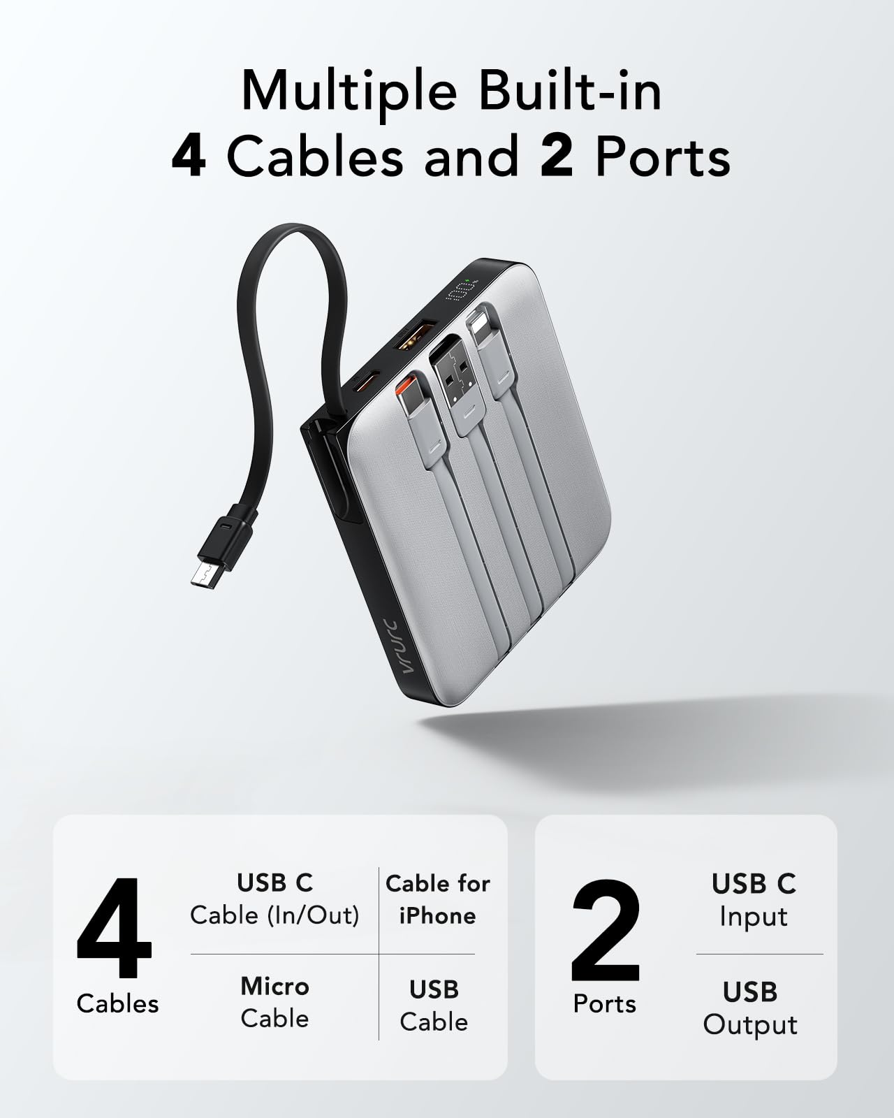 VRURC Portable Charger with Built-in Cable, 10000mAh 22.5W Fast Charging USB C Battery Pack, Cell Phone Power Bank for iPhone 17 16 15 Samsung Galaxy S25 S24 S23 Series Android Tablet, Black(1 Pack)