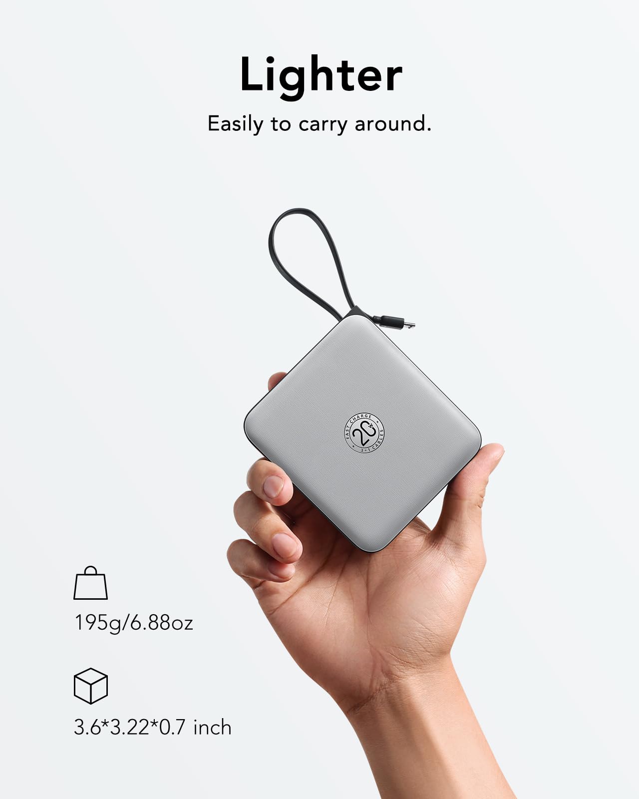 VRURC Portable Charger with Built-in Cable, 10000mAh 22.5W Fast Charging USB C Battery Pack, Cell Phone Power Bank for iPhone 17 16 15 Samsung Galaxy S25 S24 S23 Series Android Tablet, Black(1 Pack)