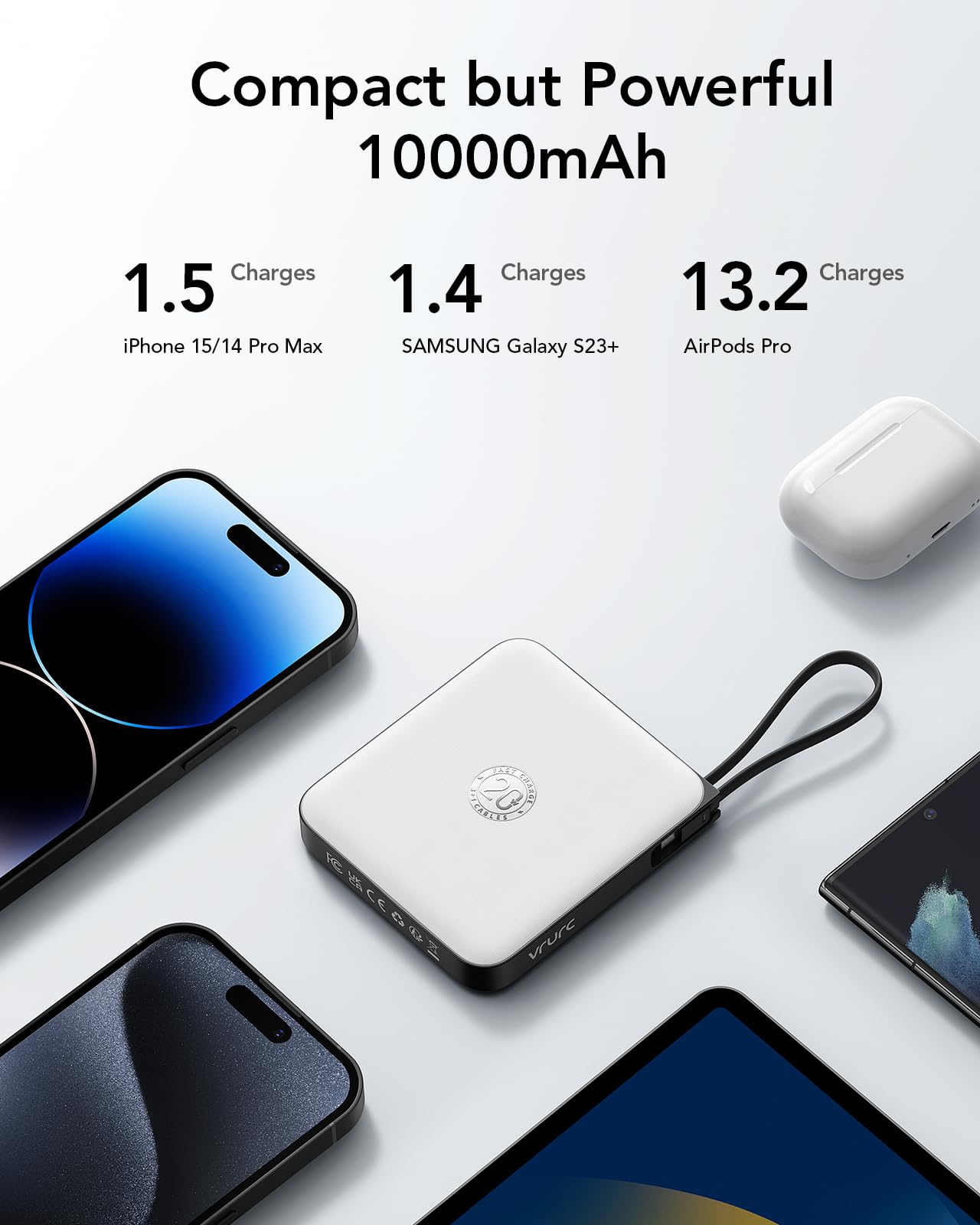 VRURC Portable Charger with Built-in Cable, 10000mAh 22.5W Fast Charging USB C Battery Pack, Cell Phone Power Bank for iPhone 17 16 15 Samsung Galaxy S25 S24 S23 Series Android Tablet, Black(1 Pack)