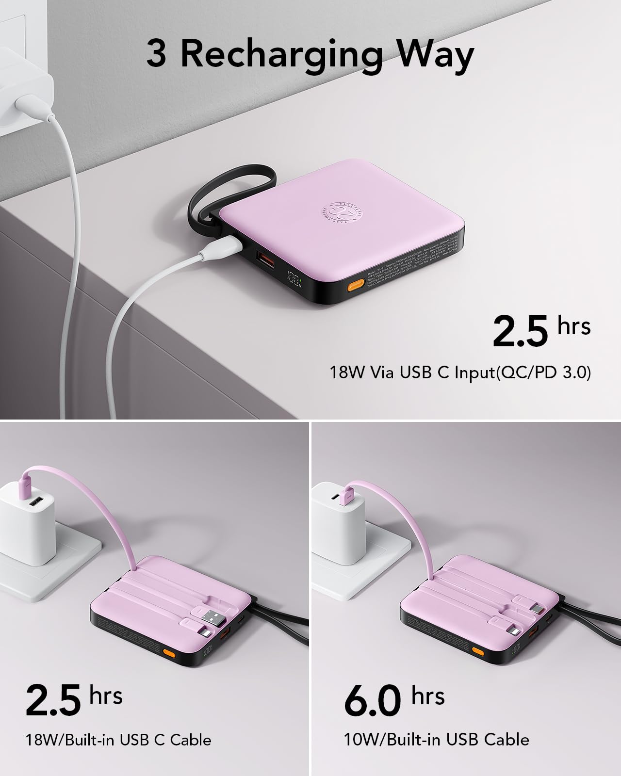 VRURC Portable Charger with Built-in Cable, 10000mAh 22.5W Fast Charging USB C Battery Pack, Cell Phone Power Bank for iPhone 17 16 15 Samsung Galaxy S25 S24 S23 Series Android Tablet, Black(1 Pack)