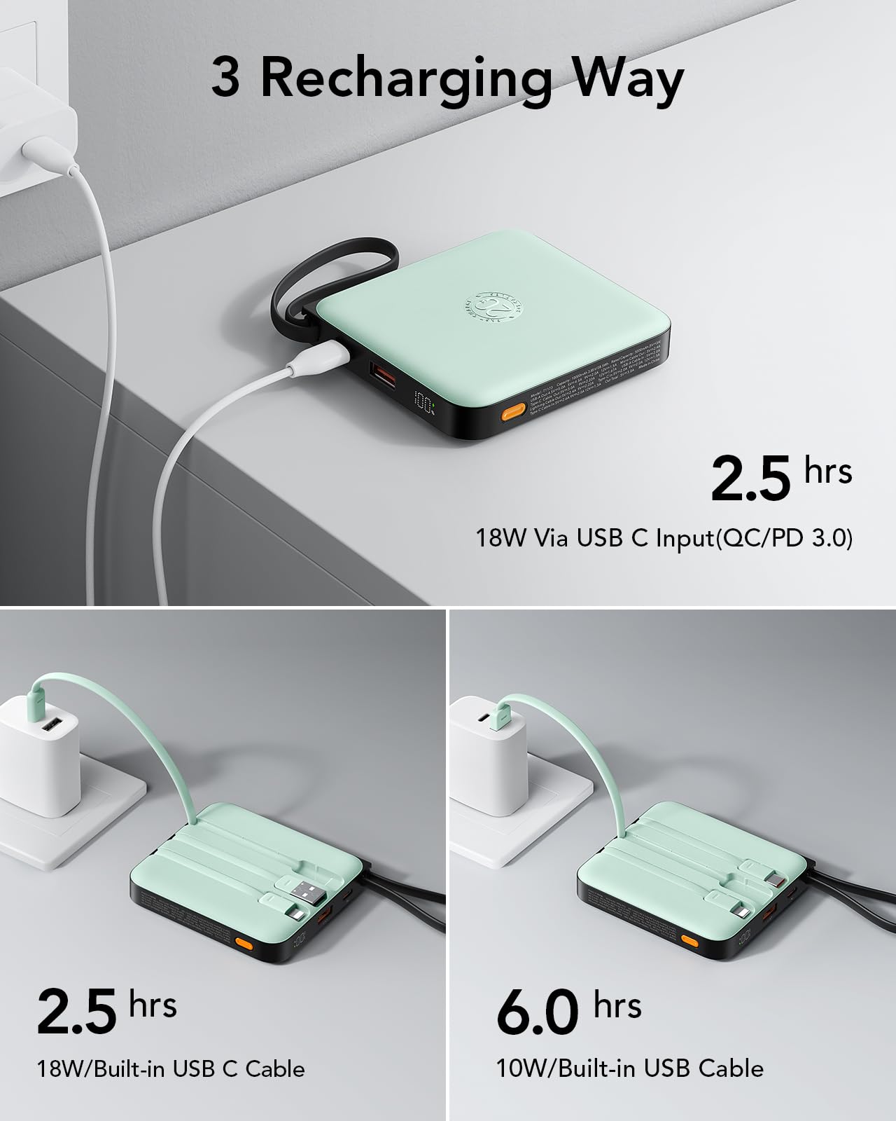 VRURC Portable Charger with Built-in Cable, 10000mAh 22.5W Fast Charging USB C Battery Pack, Cell Phone Power Bank for iPhone 17 16 15 Samsung Galaxy S25 S24 S23 Series Android Tablet, Black(1 Pack)