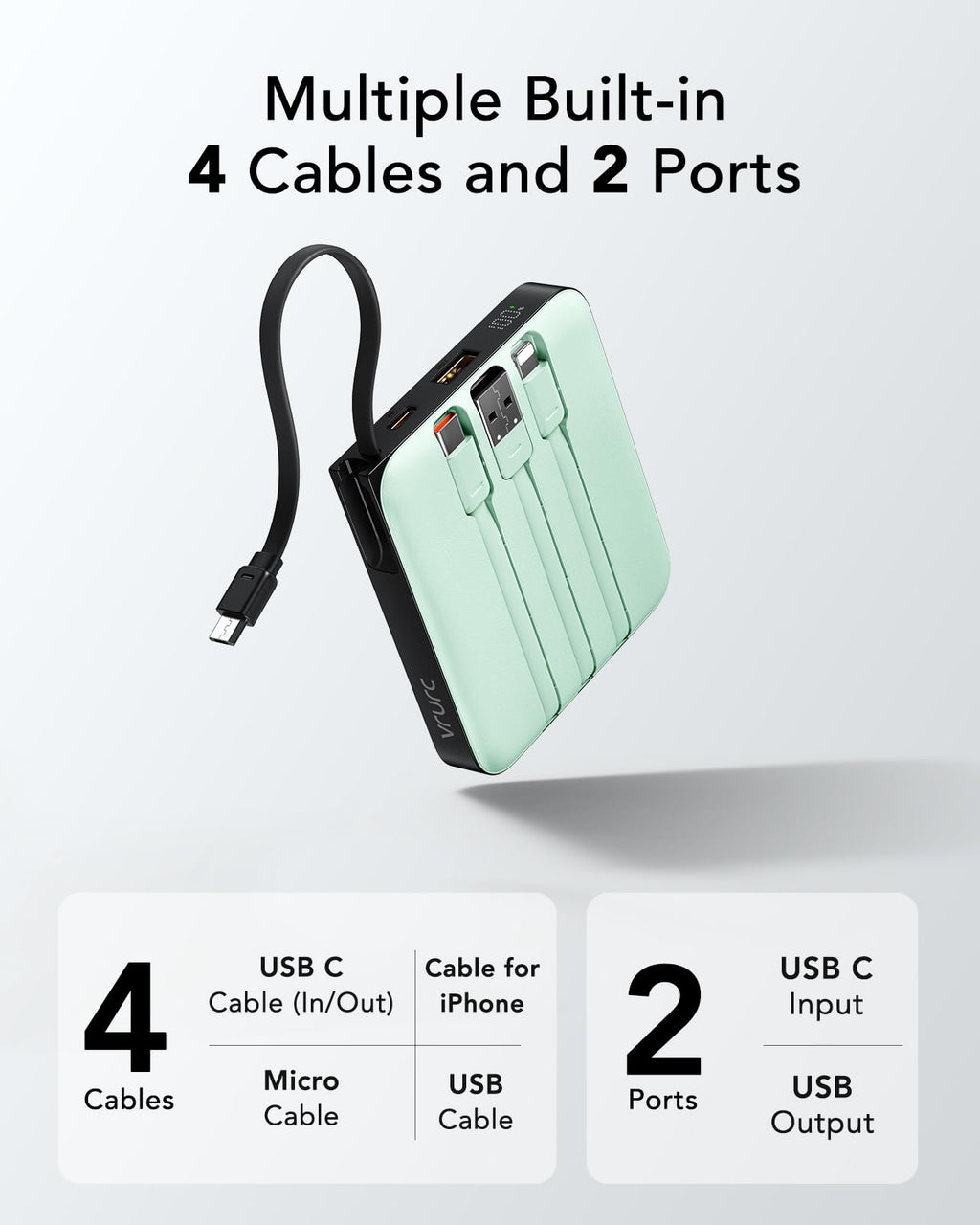 VRURC Portable Charger with Built-in Cable, 10000mAh 22.5W Fast Charging USB C Battery Pack, Cell Phone Power Bank for iPhone 17 16 15 Samsung Galaxy S25 S24 S23 Series Android Tablet, Black(1 Pack)