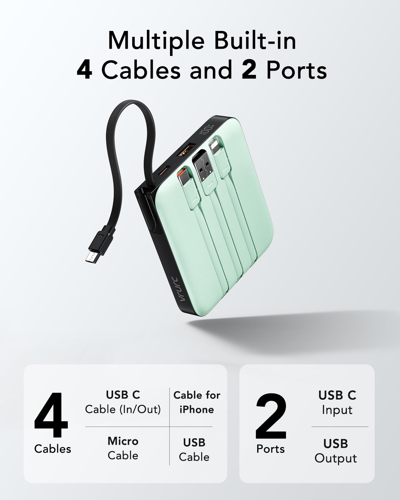 VRURC Portable Charger with Built-in Cable, 10000mAh 22.5W Fast Charging USB C Battery Pack, Cell Phone Power Bank for iPhone 17 16 15 Samsung Galaxy S25 S24 S23 Series Android Tablet, Black(1 Pack)