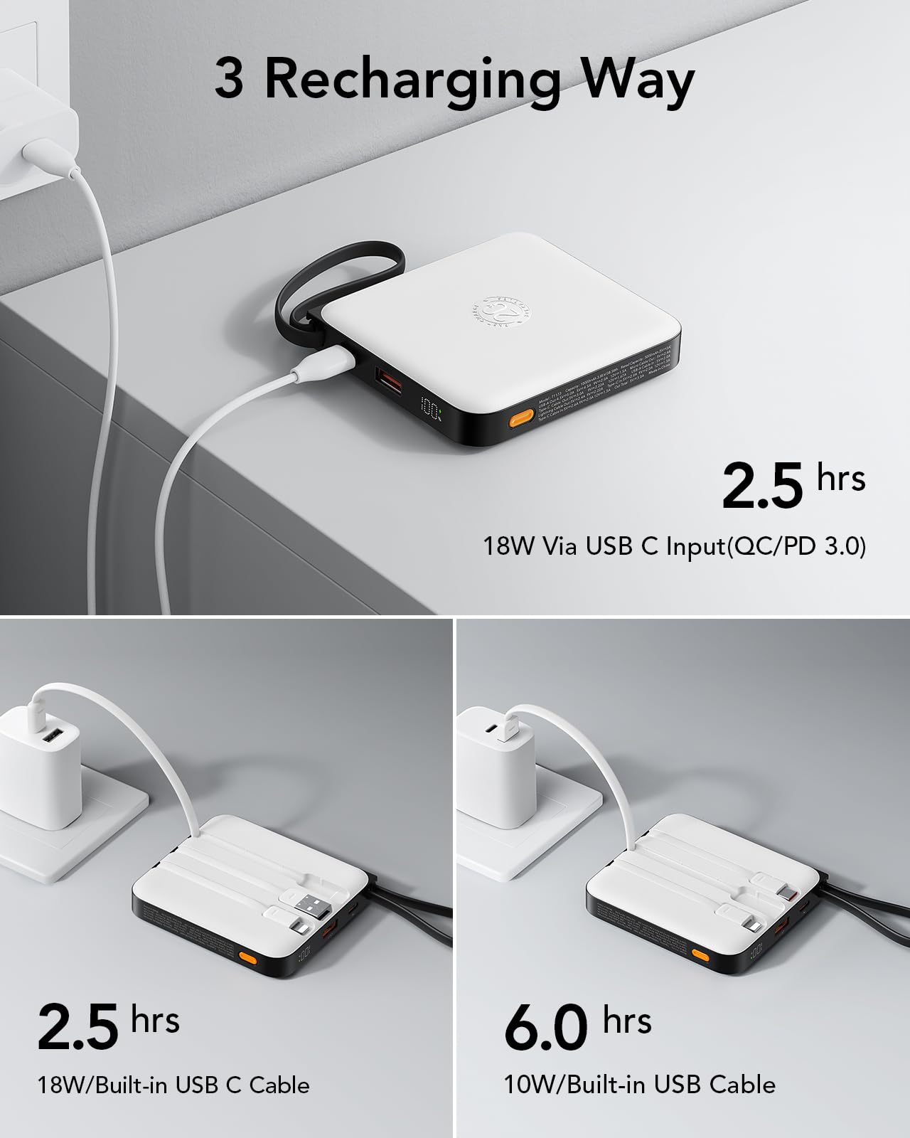 VRURC Portable Charger with Built-in Cable, 10000mAh 22.5W Fast Charging USB C Battery Pack, Cell Phone Power Bank for iPhone 17 16 15 Samsung Galaxy S25 S24 S23 Series Android Tablet, Black(1 Pack)