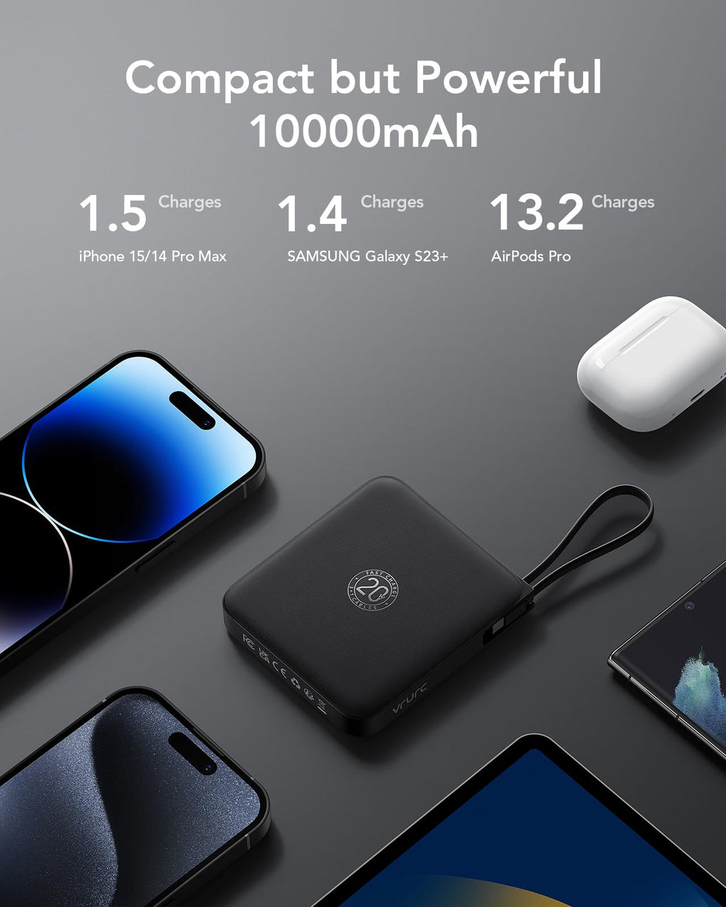 VRURC Portable Charger with Built-in Cable, 10000mAh 22.5W Fast Charging USB C Battery Pack, Cell Phone Power Bank for iPhone 17 16 15 Samsung Galaxy S25 S24 S23 Series Android Tablet, Black(1 Pack)