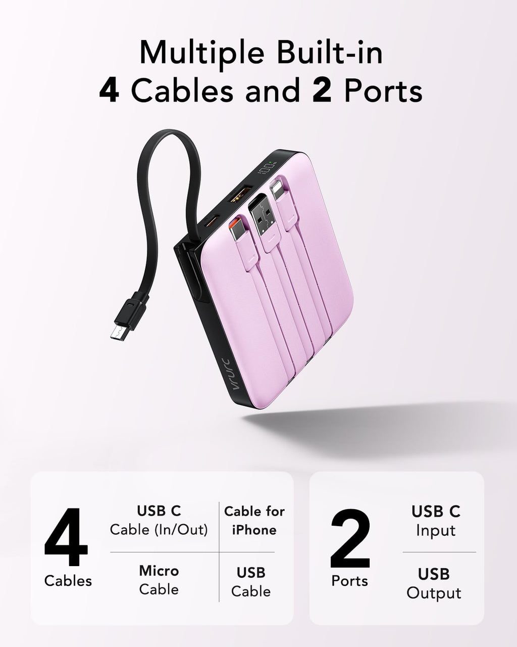 VRURC Portable Charger with Built-in Cable, 10000mAh 22.5W Fast Charging USB C Battery Pack, Cell Phone Power Bank for iPhone 17 16 15 Samsung Galaxy S25 S24 S23 Series Android Tablet, Black(1 Pack)