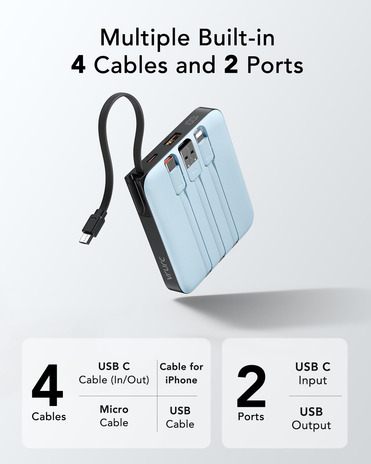 VRURC Portable Charger with Built-in Cable, 10000mAh 22.5W Fast Charging USB C Battery Pack, Cell Phone Power Bank for iPhone 17 16 15 Samsung Galaxy S25 S24 S23 Series Android Tablet, Black(1 Pack)