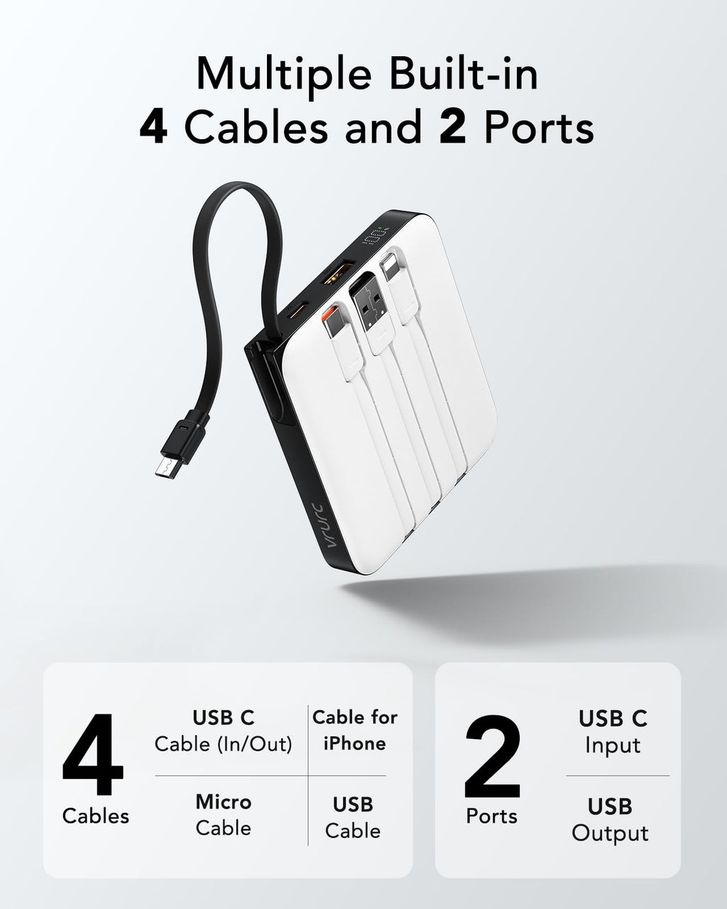 VRURC Portable Charger with Built-in Cable, 10000mAh 22.5W Fast Charging USB C Battery Pack, Cell Phone Power Bank for iPhone 17 16 15 Samsung Galaxy S25 S24 S23 Series Android Tablet, Black(1 Pack)