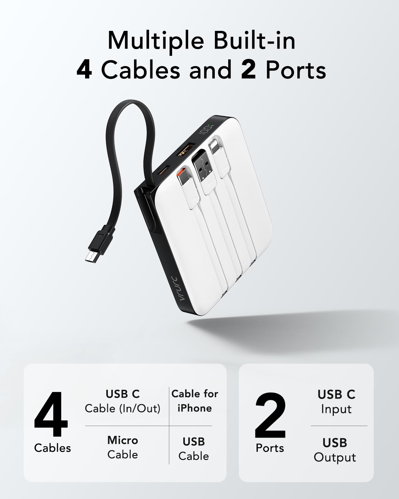 VRURC Portable Charger with Built-in Cable, 10000mAh 22.5W Fast Charging USB C Battery Pack, Cell Phone Power Bank for iPhone 17 16 15 Samsung Galaxy S25 S24 S23 Series Android Tablet, Black(1 Pack)
