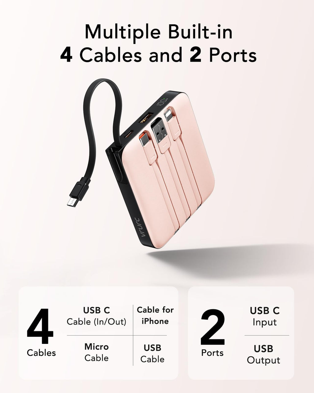 VRURC Portable Charger with Built-in Cable, 10000mAh 22.5W Fast Charging USB C Battery Pack, Cell Phone Power Bank for iPhone 17 16 15 Samsung Galaxy S25 S24 S23 Series Android Tablet, Black(1 Pack)