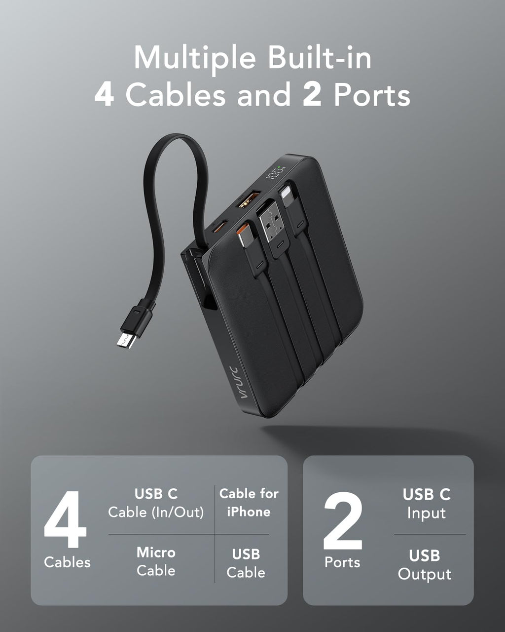 VRURC Portable Charger with Built-in Cable, 10000mAh 22.5W Fast Charging USB C Battery Pack, Cell Phone Power Bank for iPhone 17 16 15 Samsung Galaxy S25 S24 S23 Series Android Tablet, Black(1 Pack)
