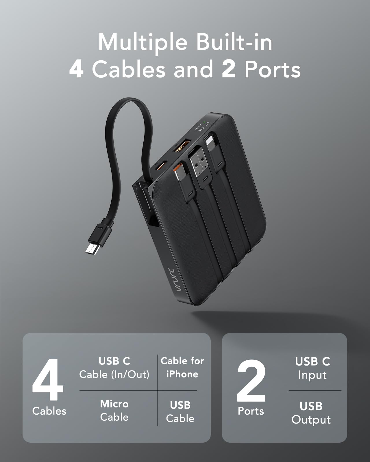 VRURC Portable Charger with Built-in Cable, 10000mAh 22.5W Fast Charging USB C Battery Pack, Cell Phone Power Bank for iPhone 17 16 15 Samsung Galaxy S25 S24 S23 Series Android Tablet, Black(1 Pack)