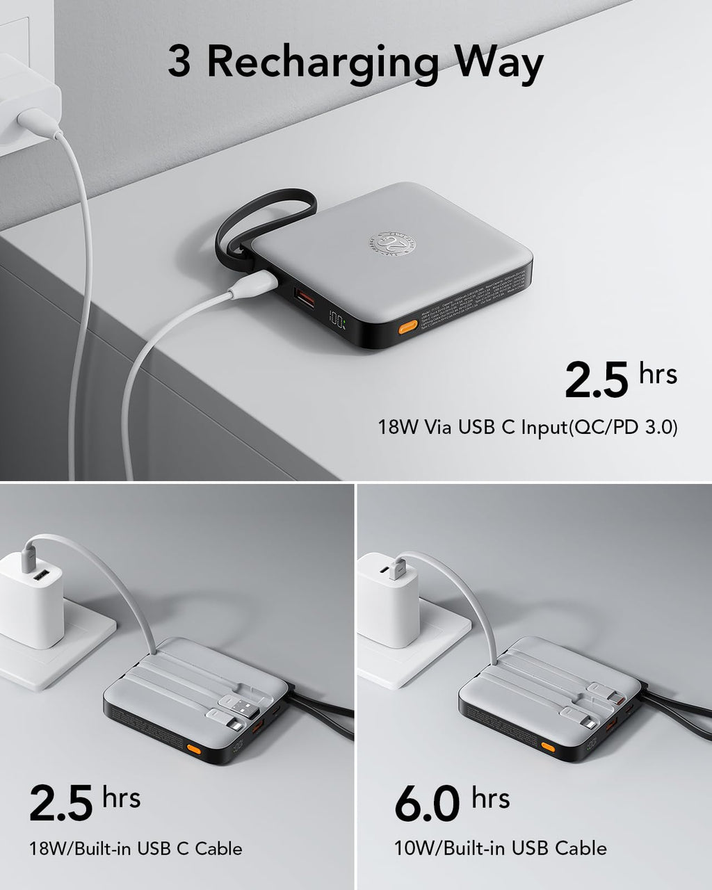 VRURC Portable Charger with Built-in Cable, 10000mAh 22.5W Fast Charging USB C Battery Pack, Cell Phone Power Bank for iPhone 17 16 15 Samsung Galaxy S25 S24 S23 Series Android Tablet, Black(1 Pack)