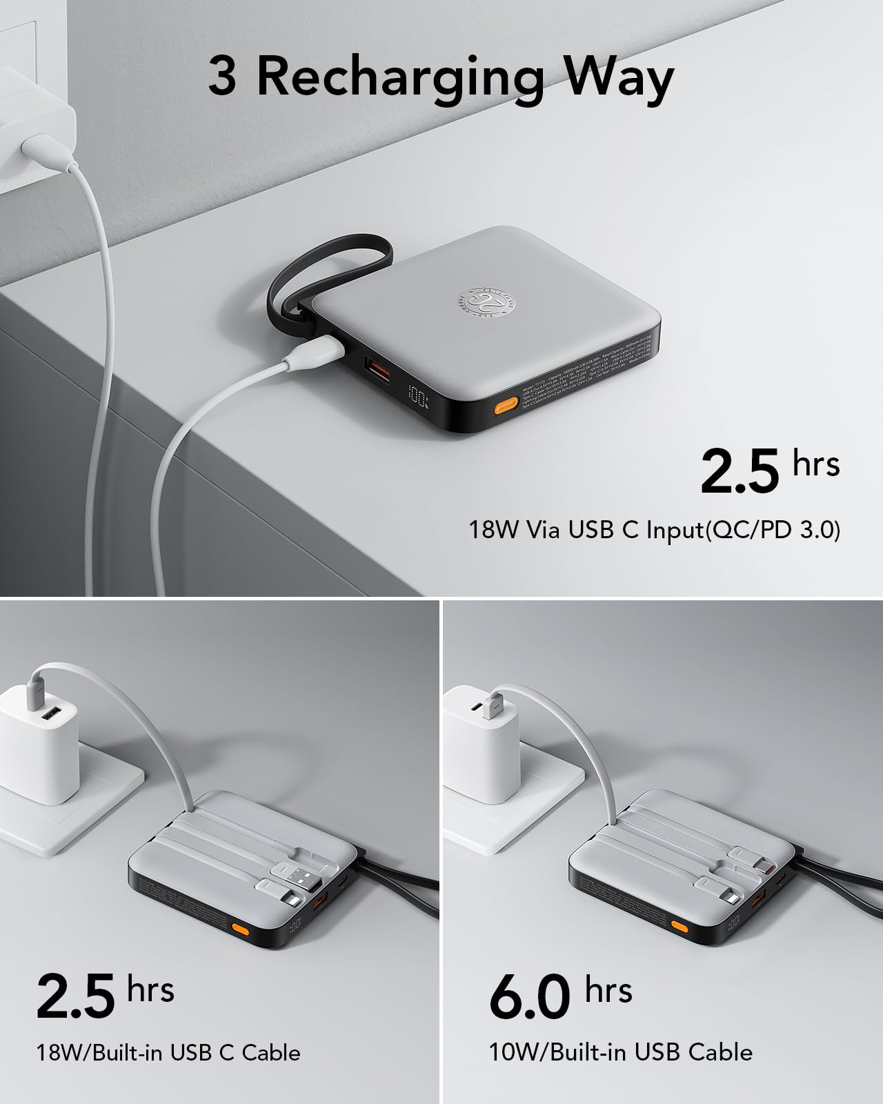 VRURC Portable Charger with Built-in Cable, 10000mAh 22.5W Fast Charging USB C Battery Pack, Cell Phone Power Bank for iPhone 17 16 15 Samsung Galaxy S25 S24 S23 Series Android Tablet, Black(1 Pack)