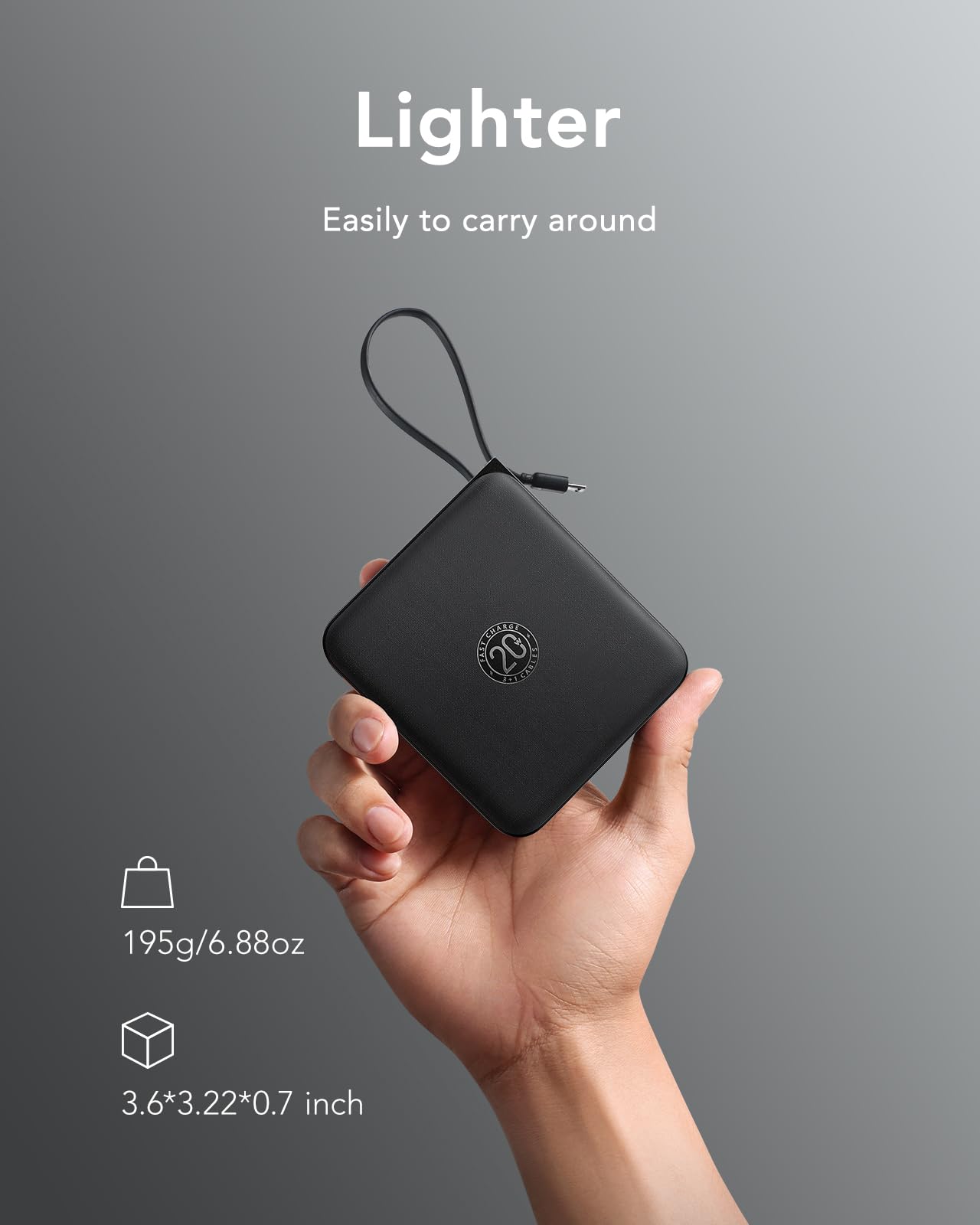 VRURC Portable Charger with Built-in Cable, 10000mAh 22.5W Fast Charging USB C Battery Pack, Cell Phone Power Bank for iPhone 17 16 15 Samsung Galaxy S25 S24 S23 Series Android Tablet, Black(1 Pack)