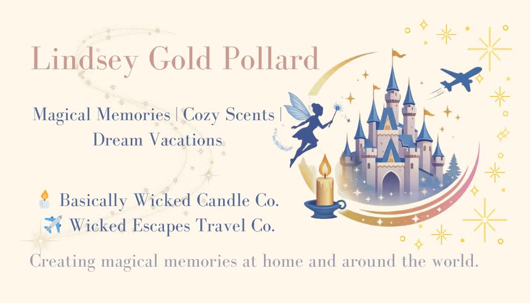 Promotional graphic for Lindsey Gold Pollard featuring a fairy, castle, and candle with text about magical memories and travel.