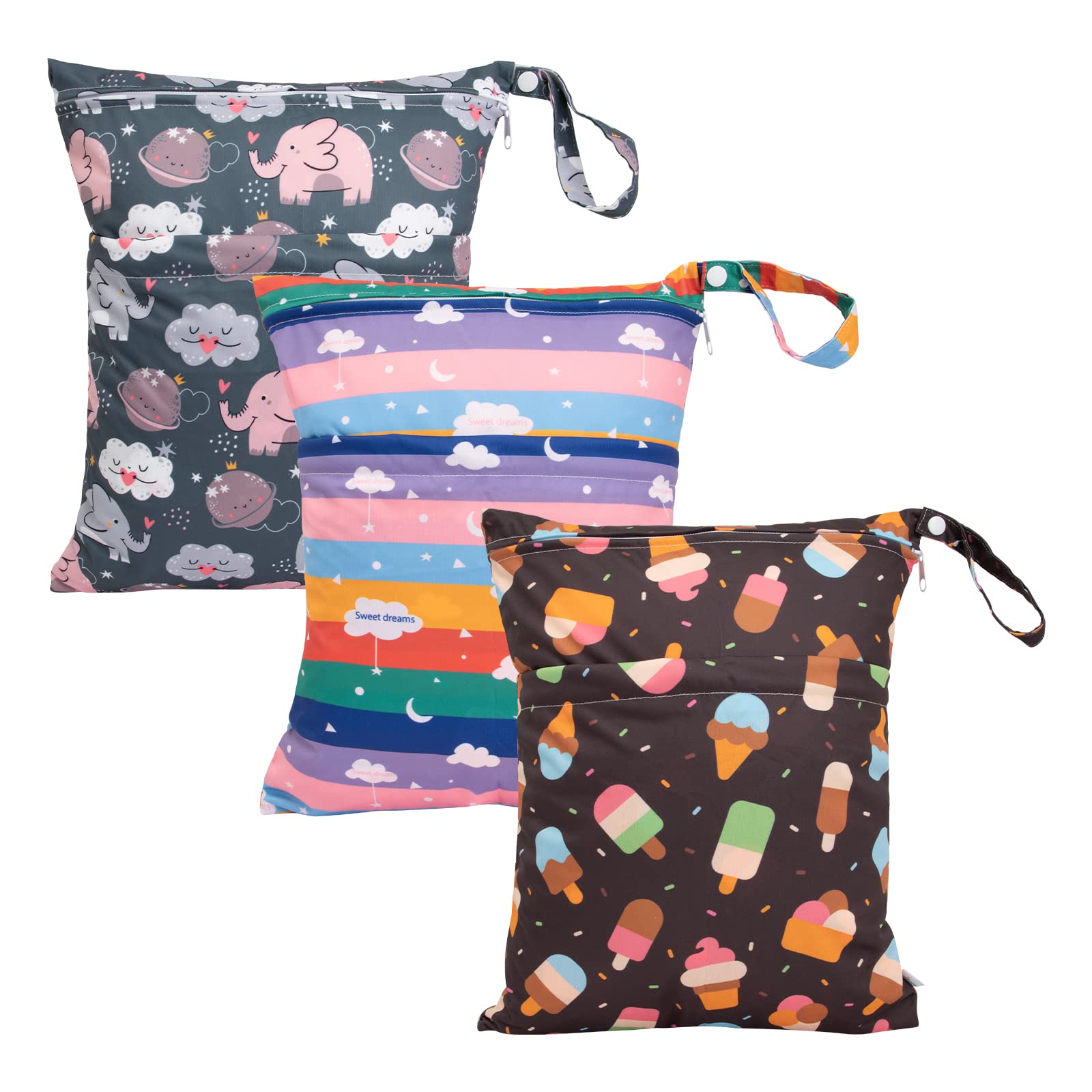 babygoal Wet Dry Bags 3 Pack, Waterproof Reusable Travel Bags for Swimsuits, Baby Cloth Diapers, Beach, Pool, Gym Bag & Wet Clothes with 2 Pockets L-BWG