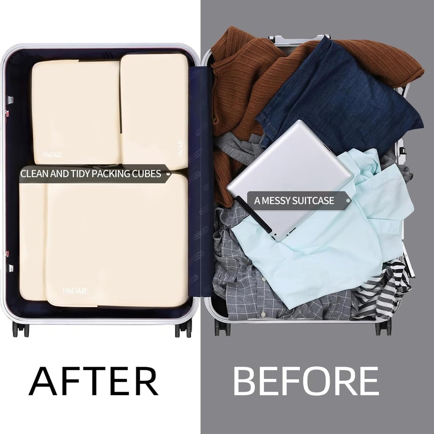 BAGAIL 4 Set/6 Set/8 Set Compression Packing Cubes Travel Accessories Expandable Packing Organizers (Half Mesh, 6-Black)