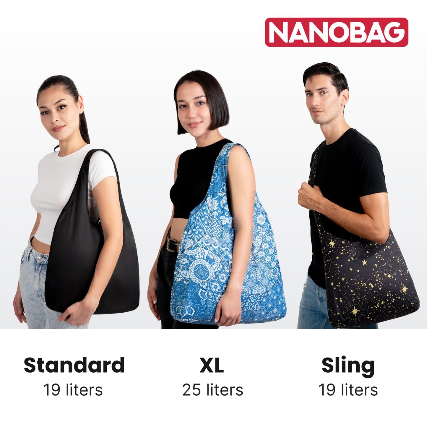 Nanobag Ultra-Lightweight Foldable Tote for Women & Men, Reusable Grocery & Travel Bag, Packable Collapsible Compact Market Essential (Standard Black)