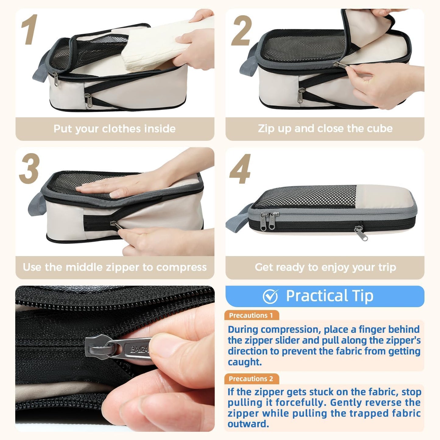 BAGAIL 4 Set/6 Set/8 Set Compression Packing Cubes Travel Accessories Expandable Packing Organizers (Half Mesh, 6-Black)