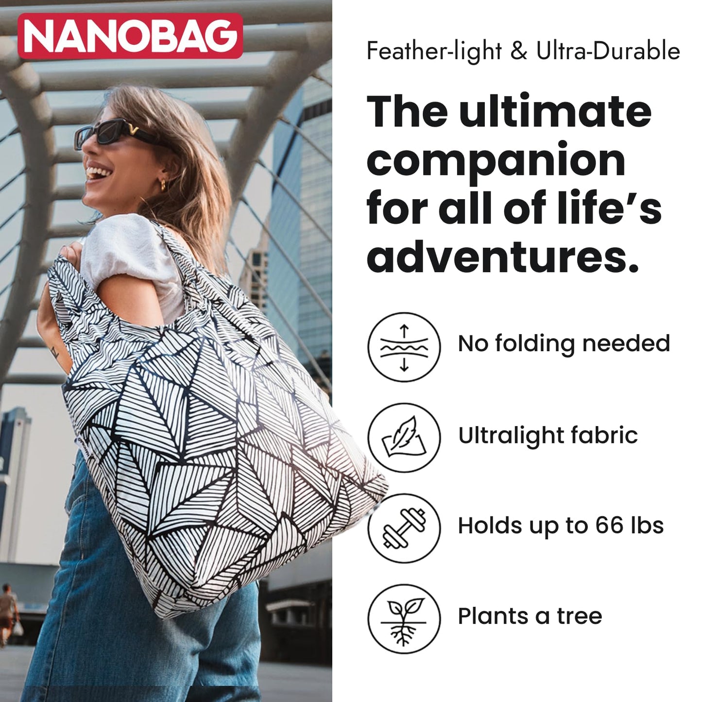 Nanobag Ultra-Lightweight Foldable Tote for Women & Men, Reusable Grocery & Travel Bag, Packable Collapsible Compact Market Essential (Standard Black)