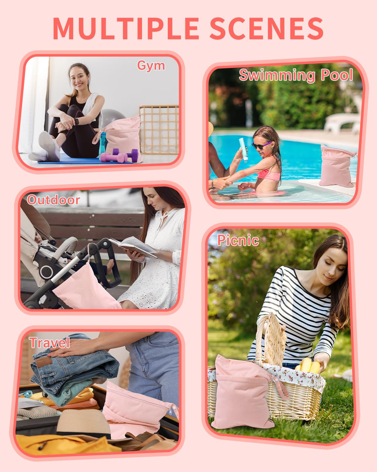 babygoal Wet Dry Bags 3 Pack, Waterproof Reusable Travel Bags for Swimsuits, Baby Cloth Diapers, Beach, Pool, Gym Bag & Wet Clothes with 2 Pockets L-BWG