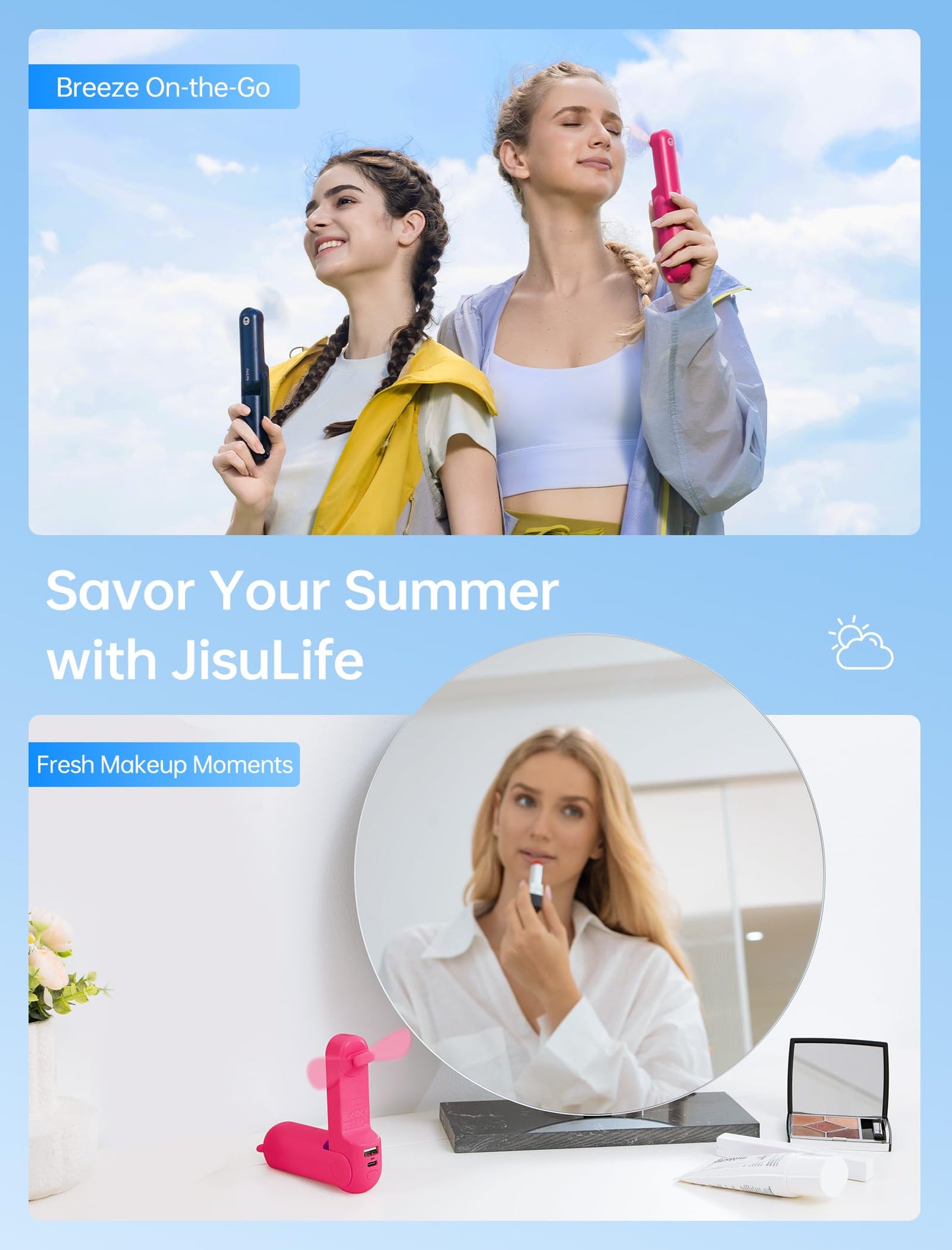 JISULIFE Handheld Mini Fan, 3 IN 1 USB Rechargeable Portable Fan [12-19 Working Hours] with Power Bank, Flashlight, Pocket Design for Travel/Summer/Concerts/Lash, Gifts for Women(Green)