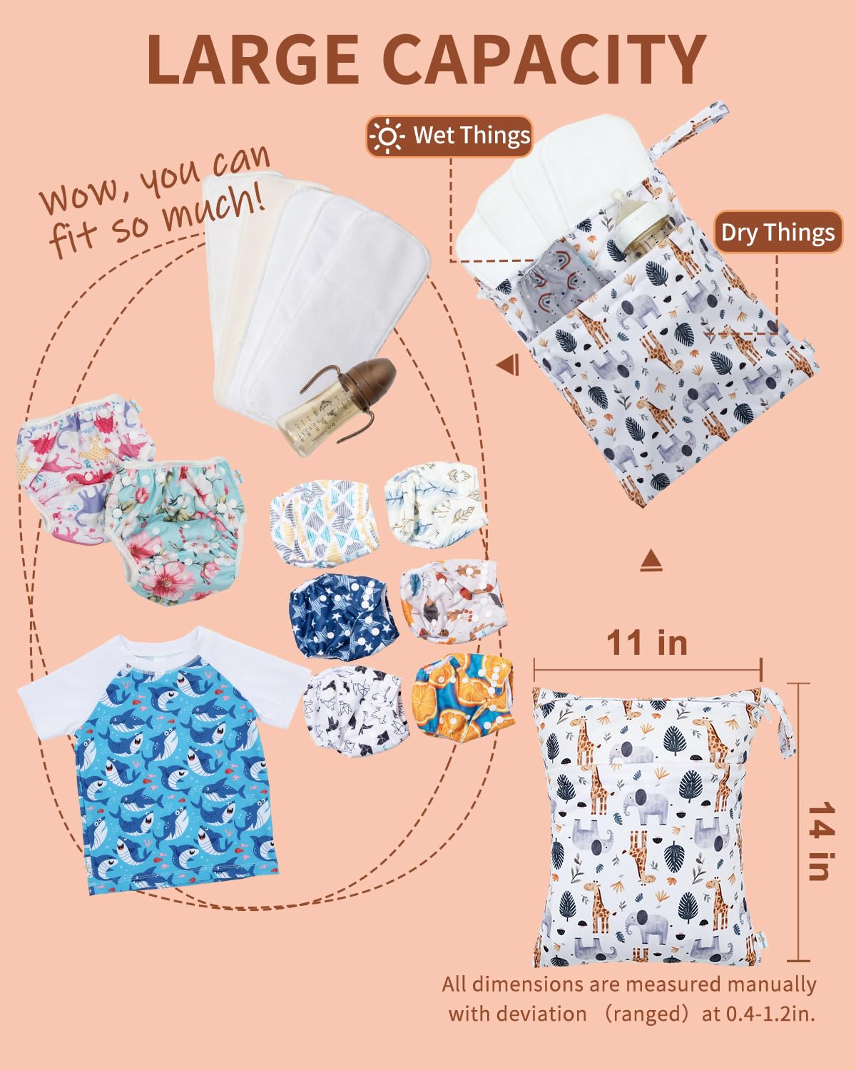 babygoal Wet Dry Bags 3 Pack, Waterproof Reusable Travel Bags for Swimsuits, Baby Cloth Diapers, Beach, Pool, Gym Bag & Wet Clothes with 2 Pockets L-BWG
