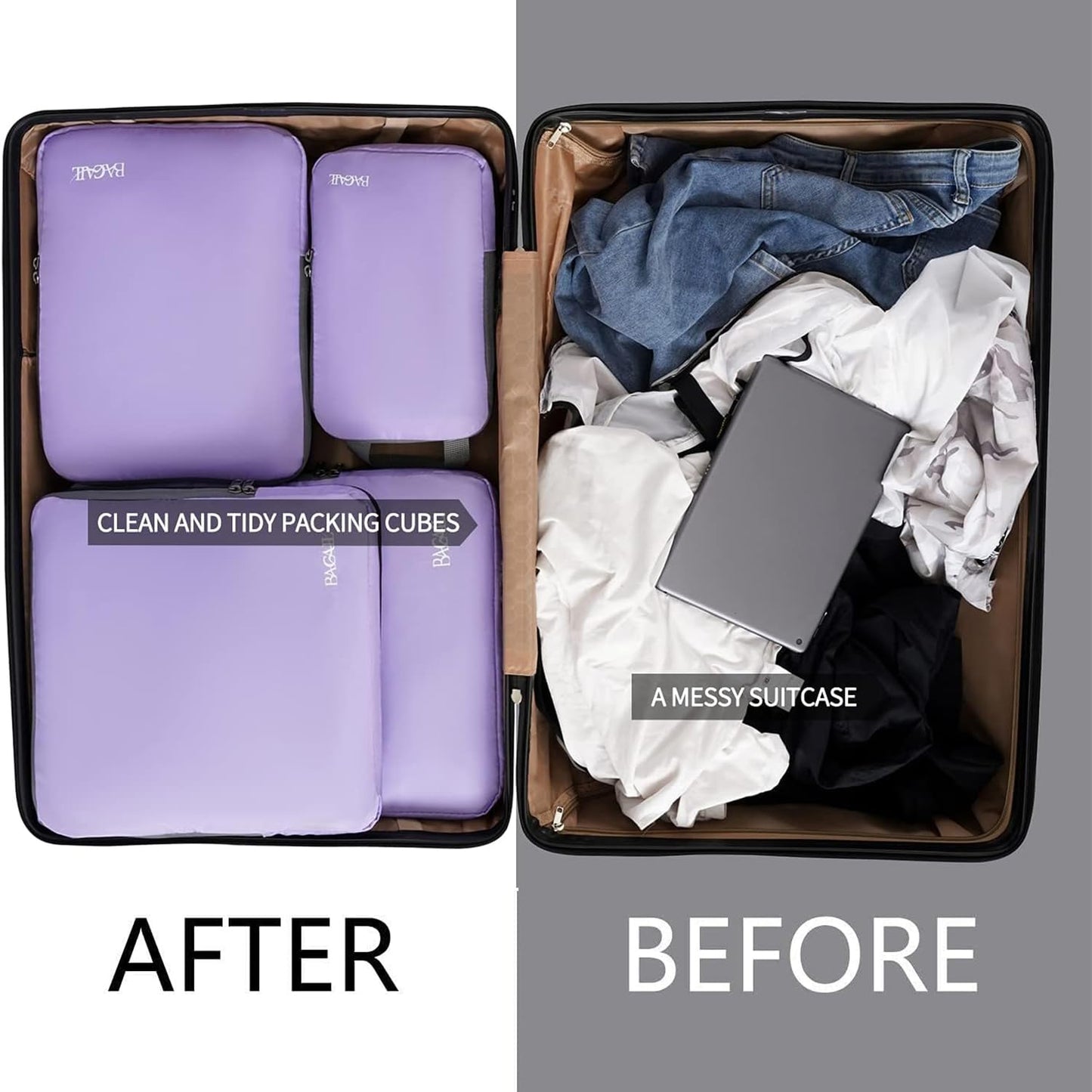 BAGAIL 4 Set/6 Set/8 Set Compression Packing Cubes Travel Accessories Expandable Packing Organizers (Half Mesh, 6-Black)