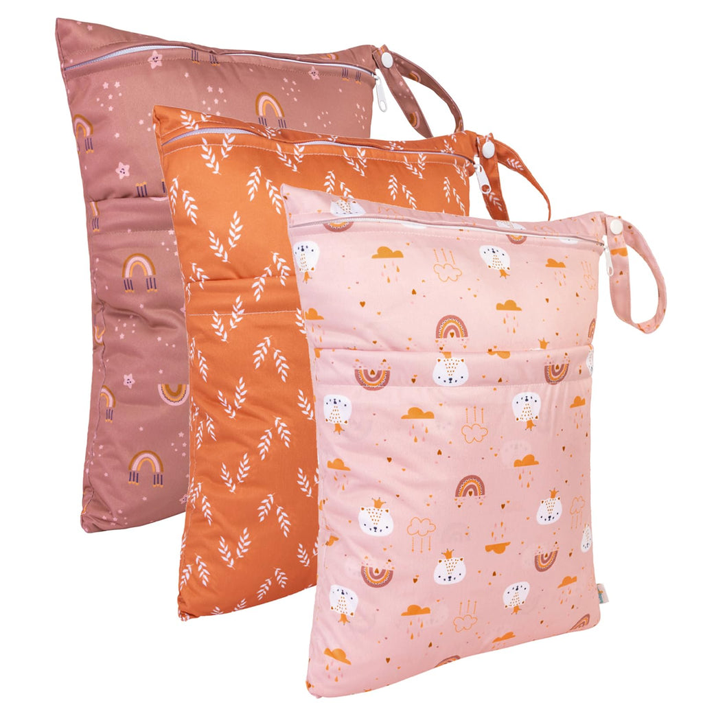 babygoal Wet Dry Bags 3 Pack, Waterproof Reusable Travel Bags for Swimsuits, Baby Cloth Diapers, Beach, Pool, Gym Bag & Wet Clothes with 2 Pockets L-BWG