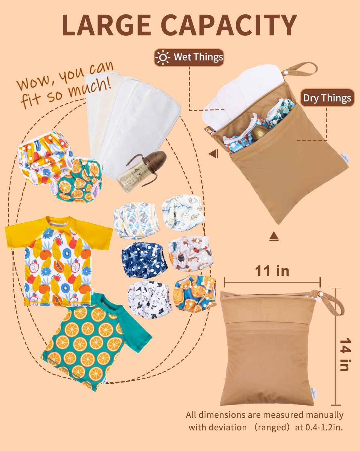 babygoal Wet Dry Bags 3 Pack, Waterproof Reusable Travel Bags for Swimsuits, Baby Cloth Diapers, Beach, Pool, Gym Bag & Wet Clothes with 2 Pockets L-BWG