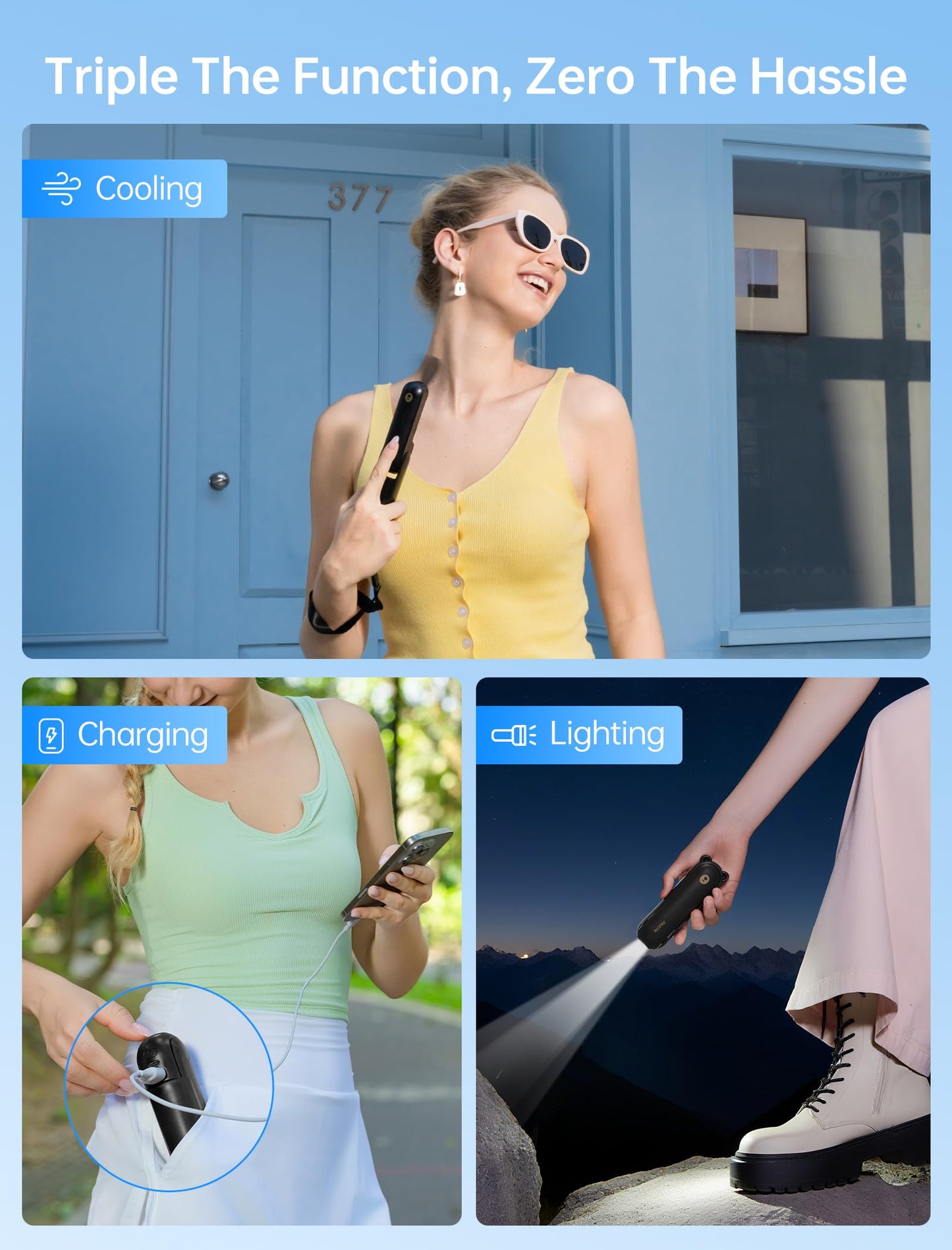 JISULIFE Handheld Mini Fan, 3 IN 1 USB Rechargeable Portable Fan [12-19 Working Hours] with Power Bank, Flashlight, Pocket Design for Travel/Summer/Concerts/Lash, Gifts for Women(Green)