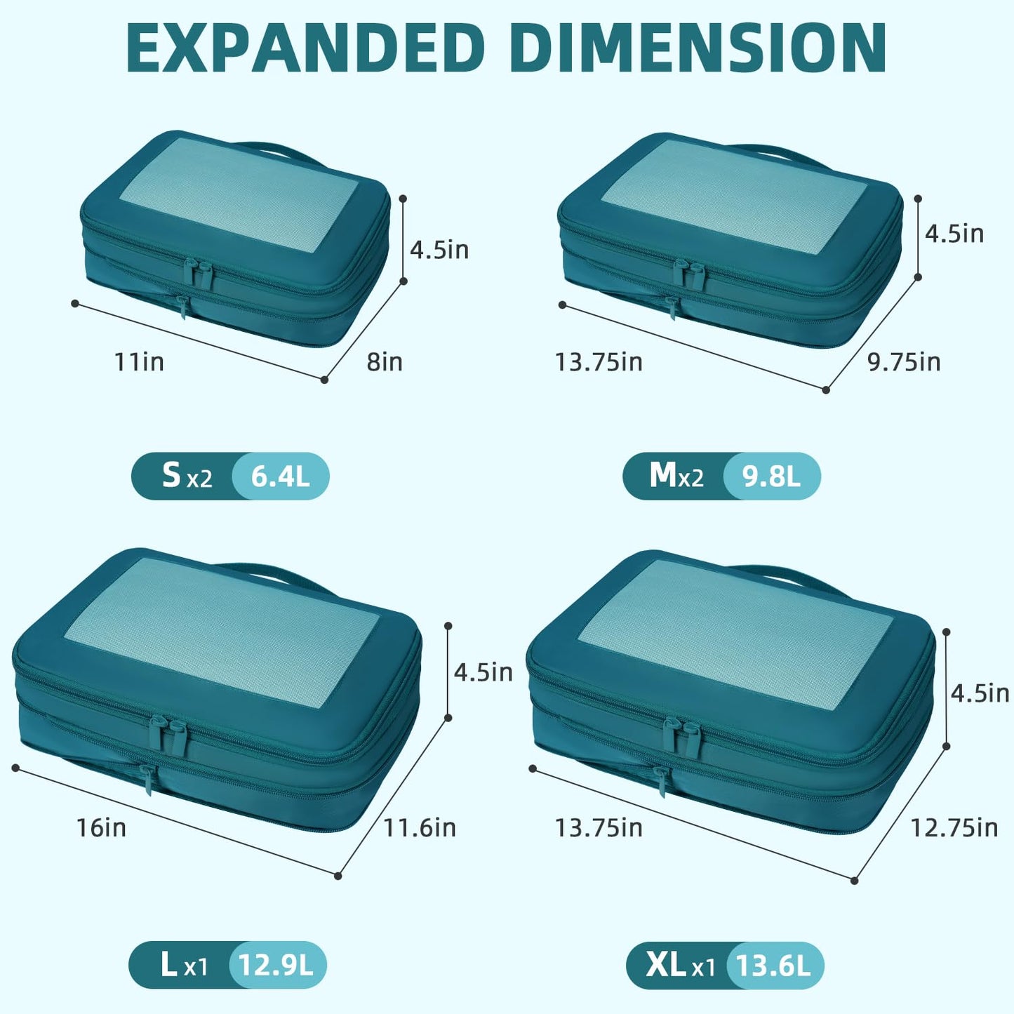 BAGAIL 4 Set/6 Set/8 Set Compression Packing Cubes Travel Accessories Expandable Packing Organizers (Half Mesh, 6-Black)