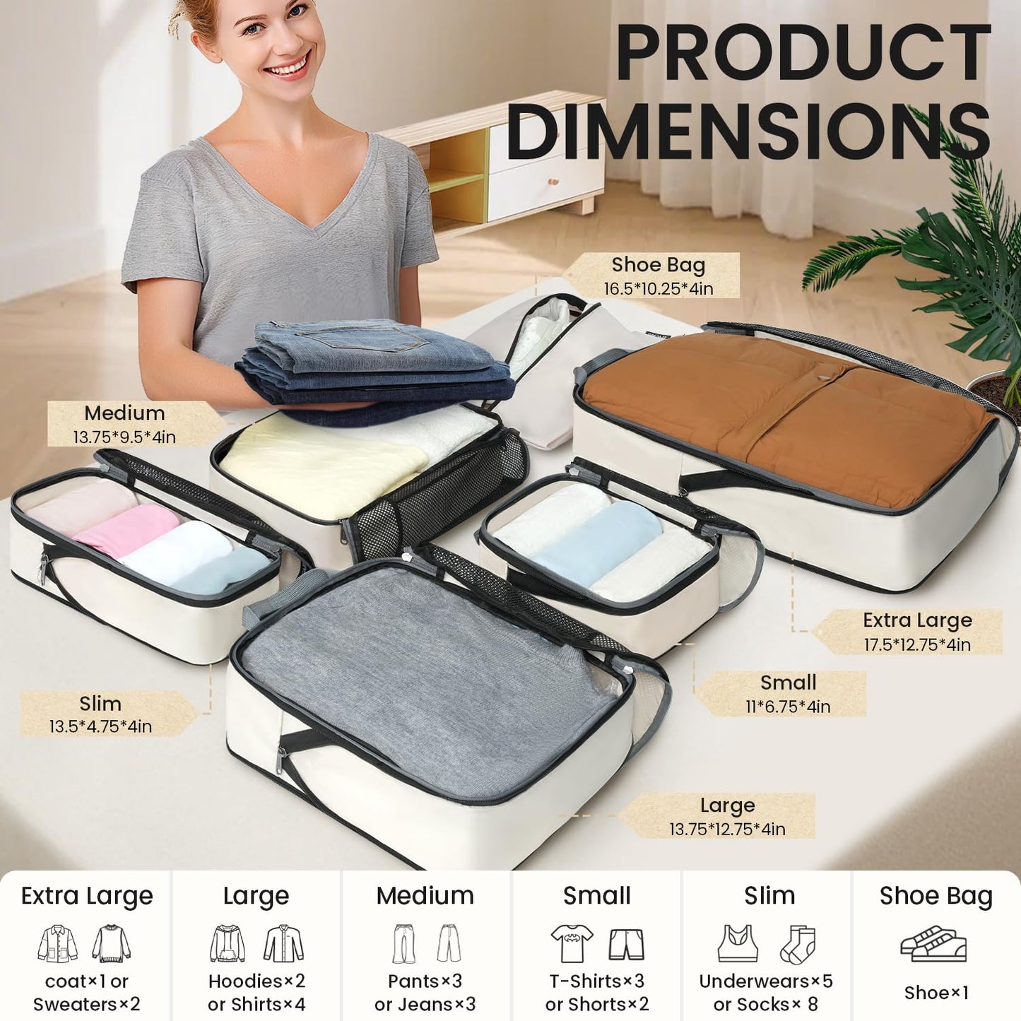 BAGAIL 4 Set/6 Set/8 Set Compression Packing Cubes Travel Accessories Expandable Packing Organizers (Half Mesh, 6-Black)