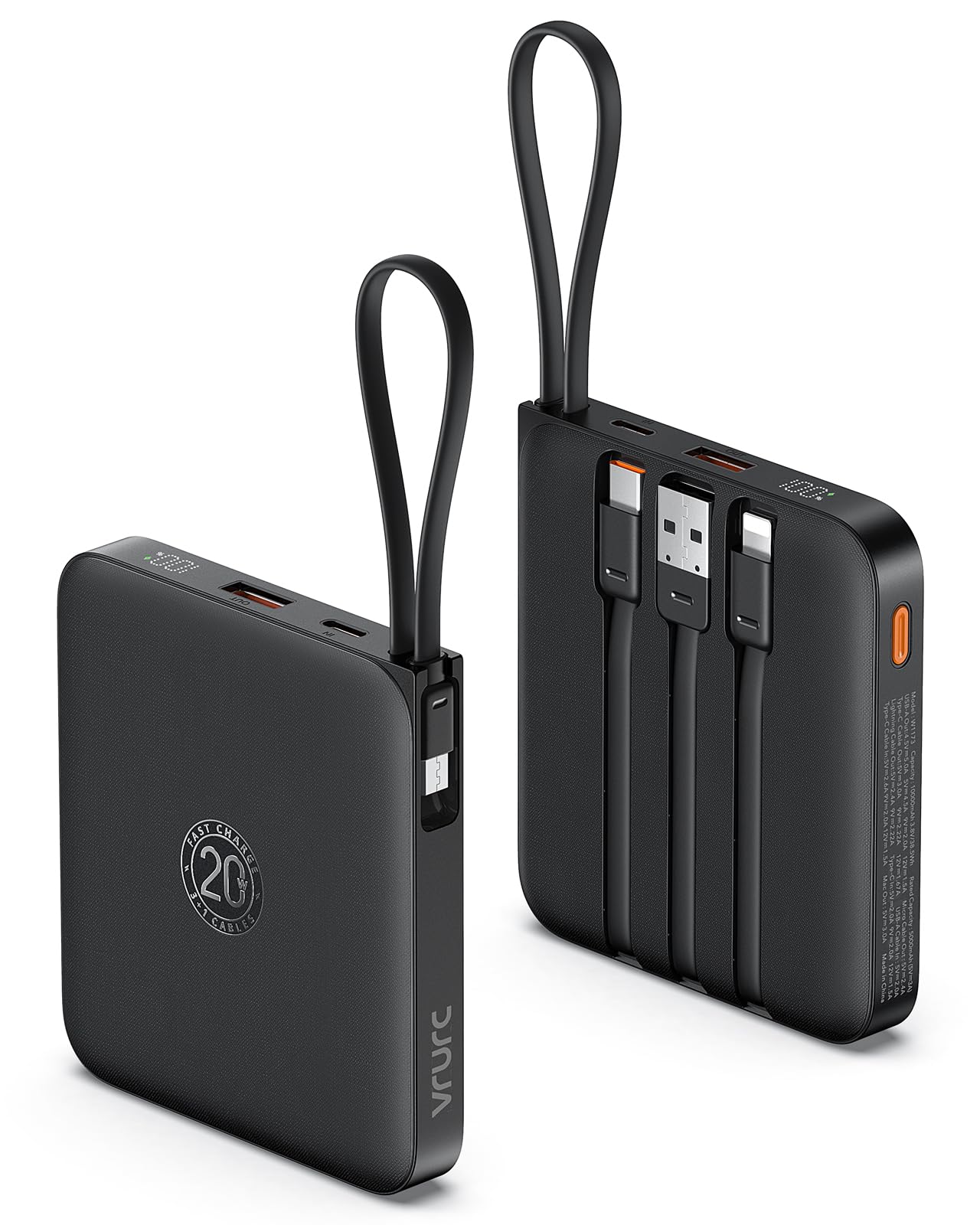 VRURC Portable Charger with Built-in Cable, 10000mAh 22.5W Fast Charging USB C Battery Pack, Cell Phone Power Bank for iPhone 17 16 15 Samsung Galaxy S25 S24 S23 Series Android Tablet, Black(1 Pack)