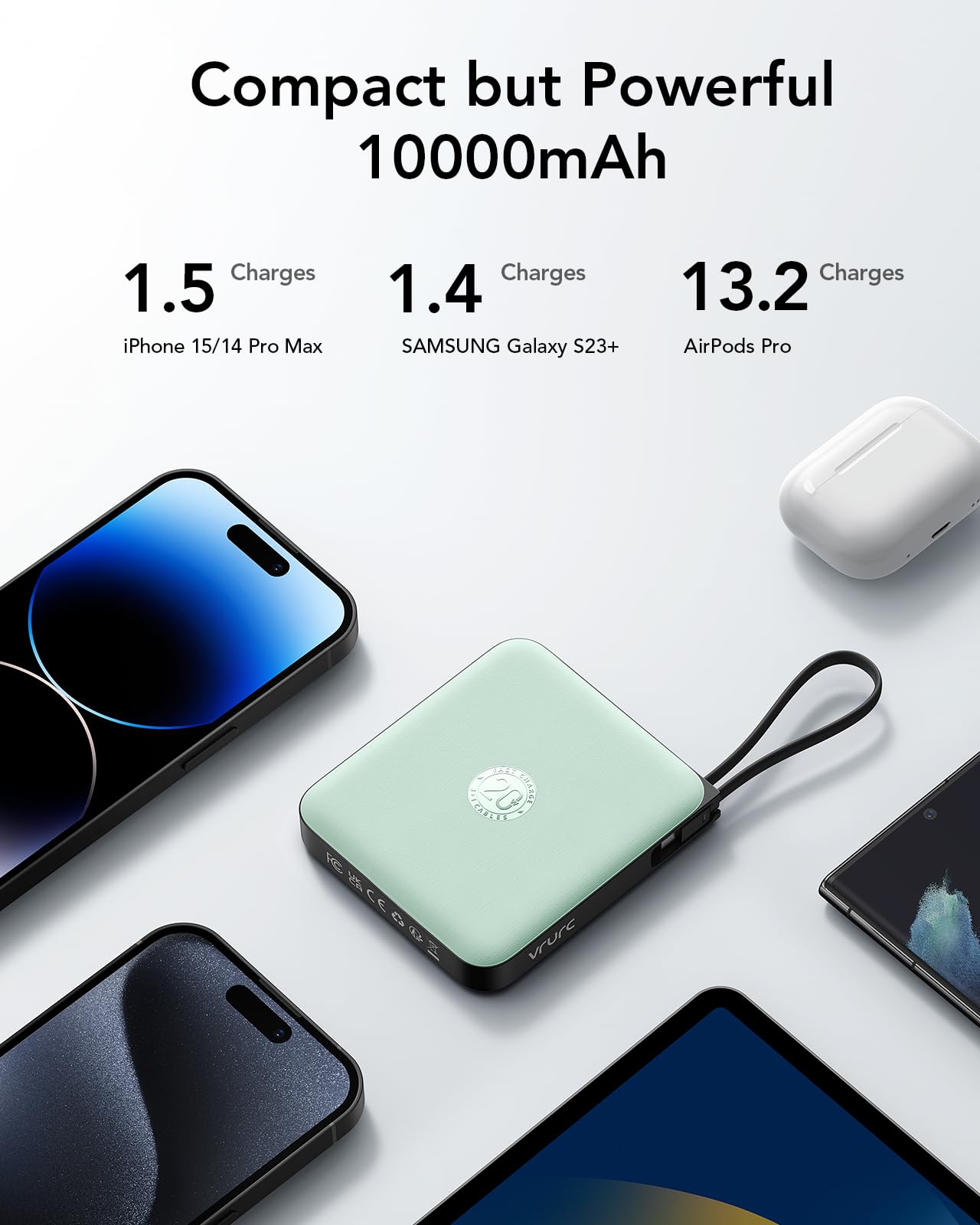 VRURC Portable Charger with Built-in Cable, 10000mAh 22.5W Fast Charging USB C Battery Pack, Cell Phone Power Bank for iPhone 17 16 15 Samsung Galaxy S25 S24 S23 Series Android Tablet, Black(1 Pack)