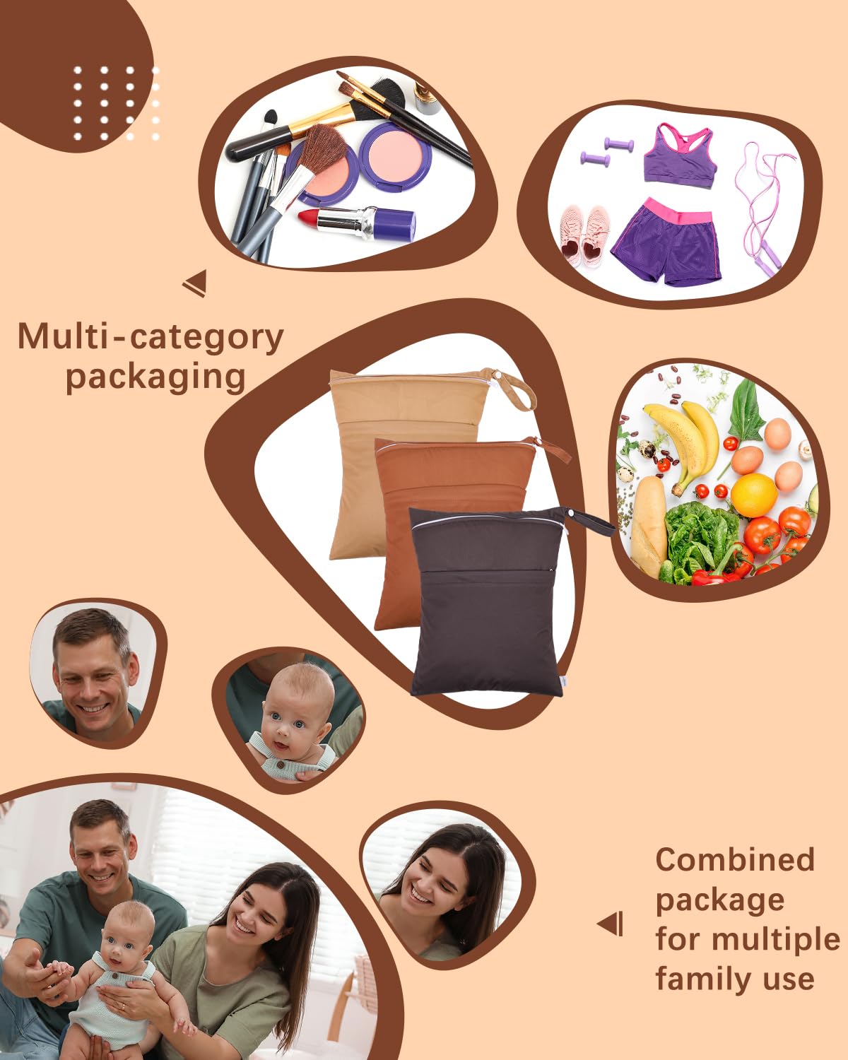 babygoal Wet Dry Bags 3 Pack, Waterproof Reusable Travel Bags for Swimsuits, Baby Cloth Diapers, Beach, Pool, Gym Bag & Wet Clothes with 2 Pockets L-BWG