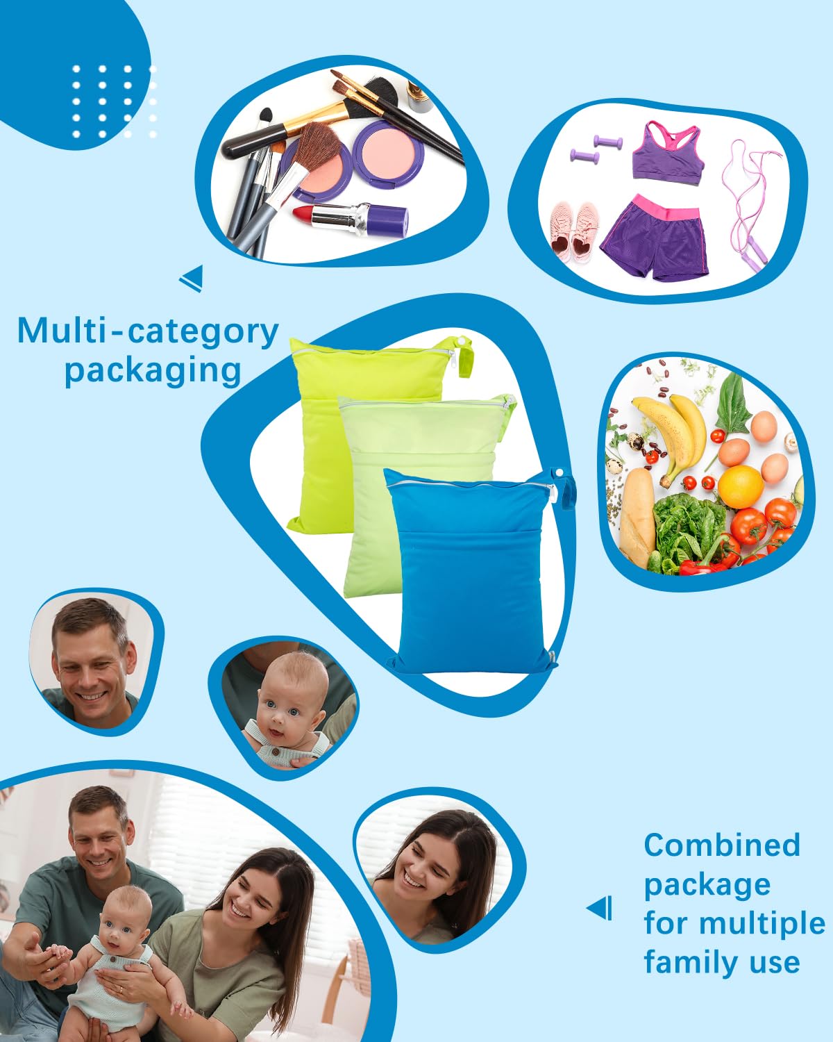 babygoal Wet Dry Bags 3 Pack, Waterproof Reusable Travel Bags for Swimsuits, Baby Cloth Diapers, Beach, Pool, Gym Bag & Wet Clothes with 2 Pockets L-BWG