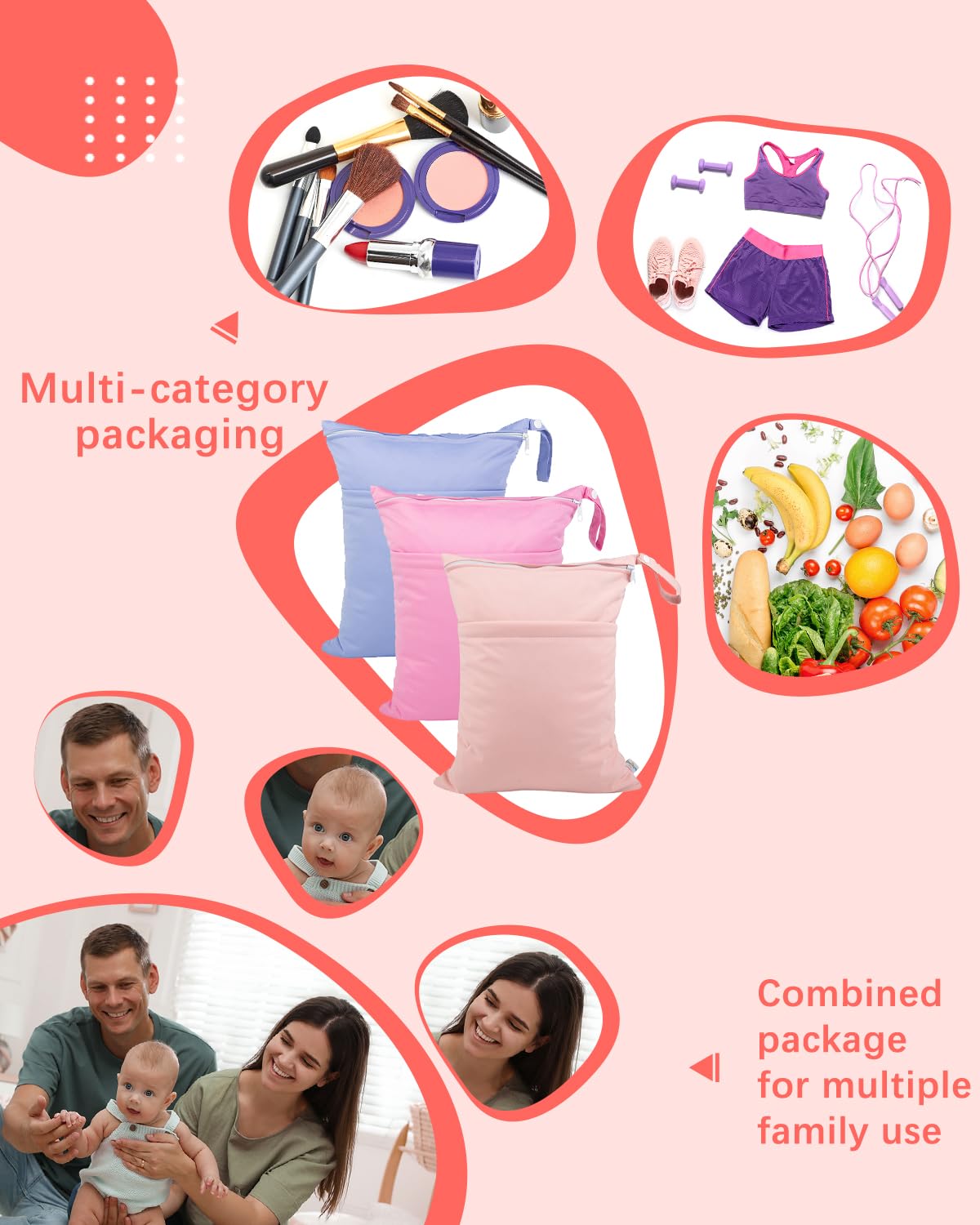 babygoal Wet Dry Bags 3 Pack, Waterproof Reusable Travel Bags for Swimsuits, Baby Cloth Diapers, Beach, Pool, Gym Bag & Wet Clothes with 2 Pockets L-BWG