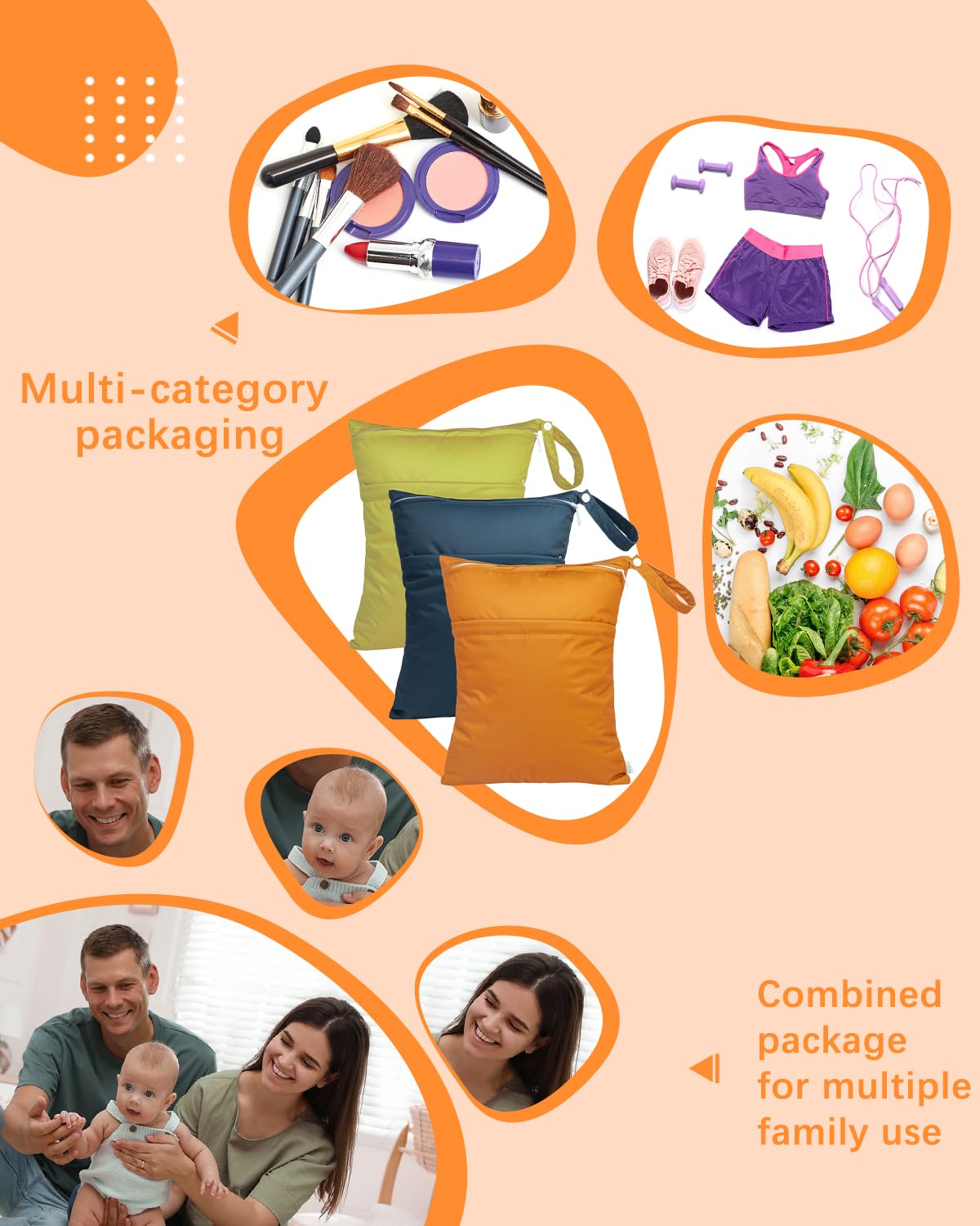 babygoal Wet Dry Bags 3 Pack, Waterproof Reusable Travel Bags for Swimsuits, Baby Cloth Diapers, Beach, Pool, Gym Bag & Wet Clothes with 2 Pockets L-BWG