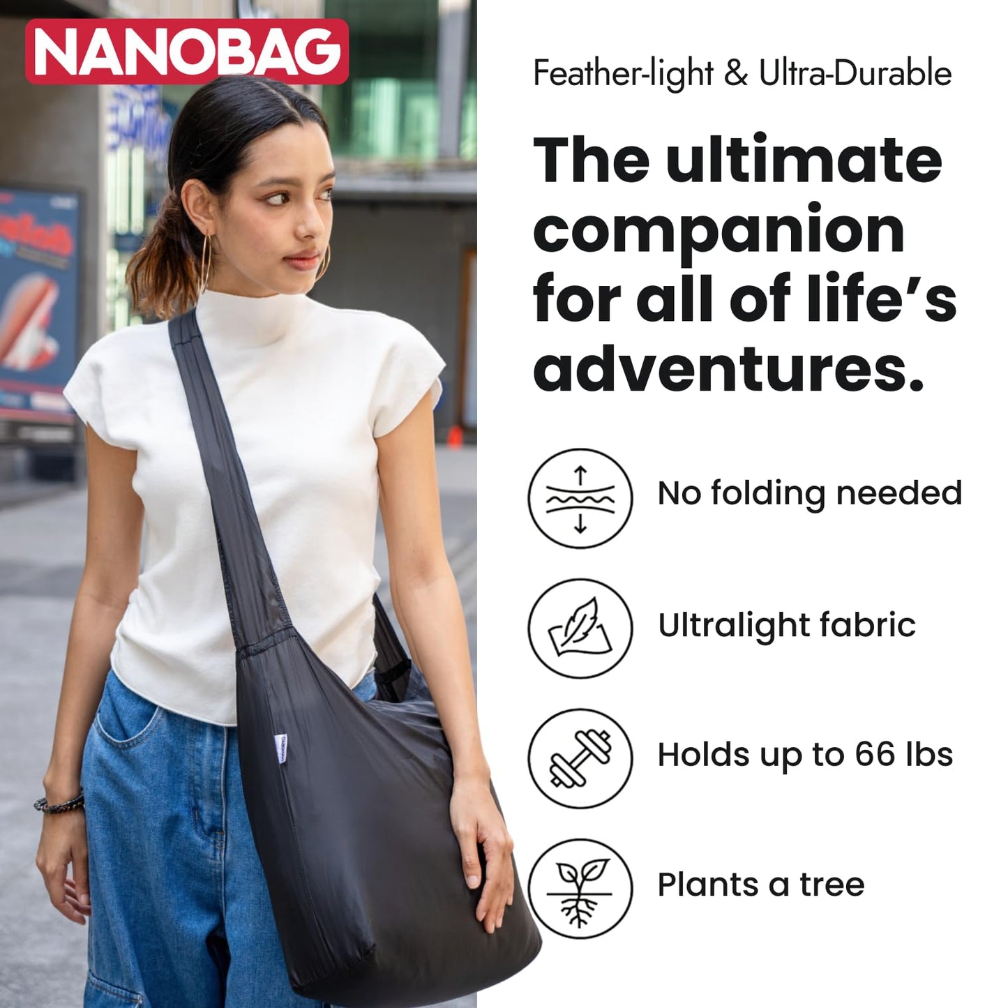 Nanobag Ultra-Lightweight Foldable Tote for Women & Men, Reusable Grocery & Travel Bag, Packable Collapsible Compact Market Essential (Standard Black)
