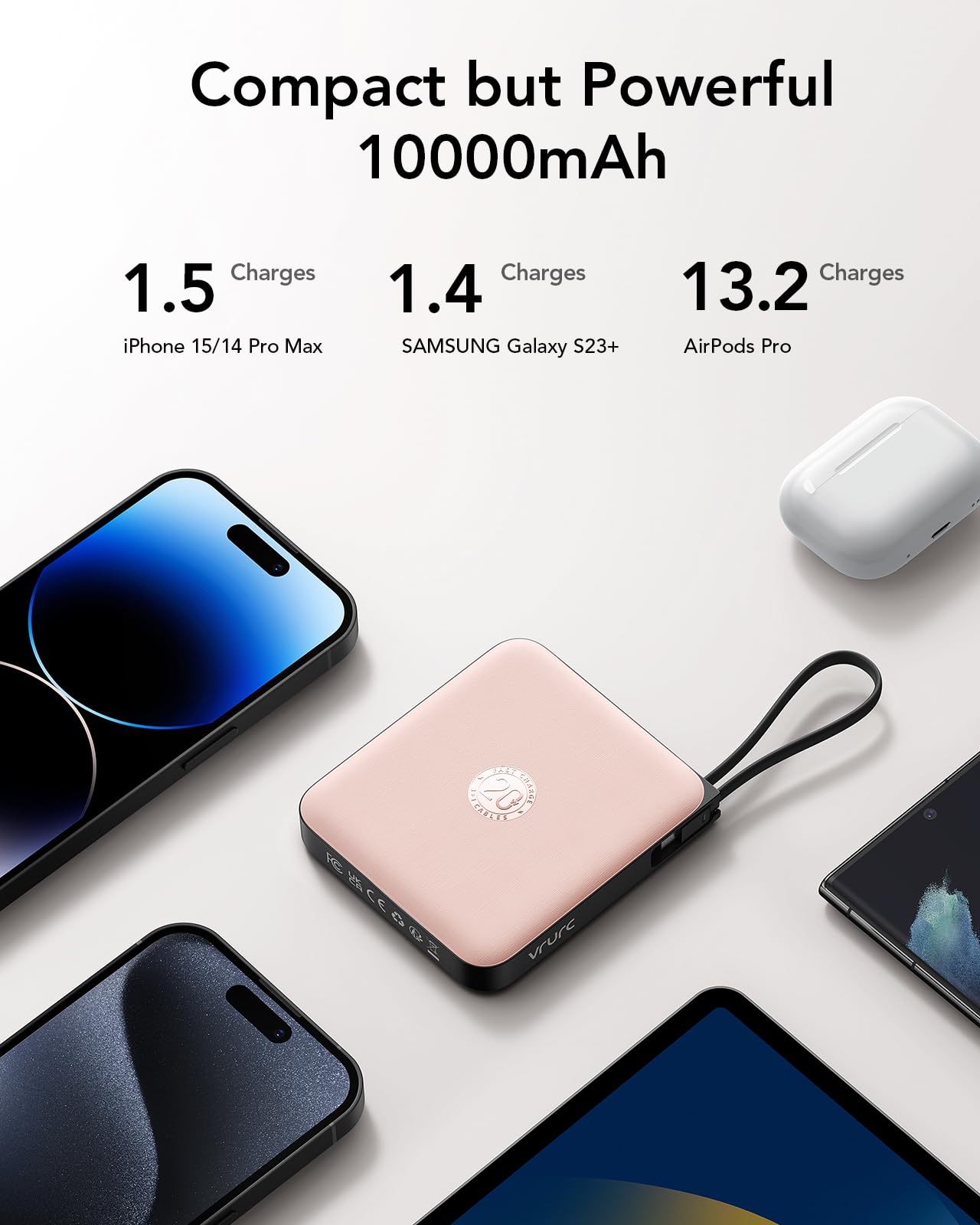 VRURC Portable Charger with Built-in Cable, 10000mAh 22.5W Fast Charging USB C Battery Pack, Cell Phone Power Bank for iPhone 17 16 15 Samsung Galaxy S25 S24 S23 Series Android Tablet, Black(1 Pack)